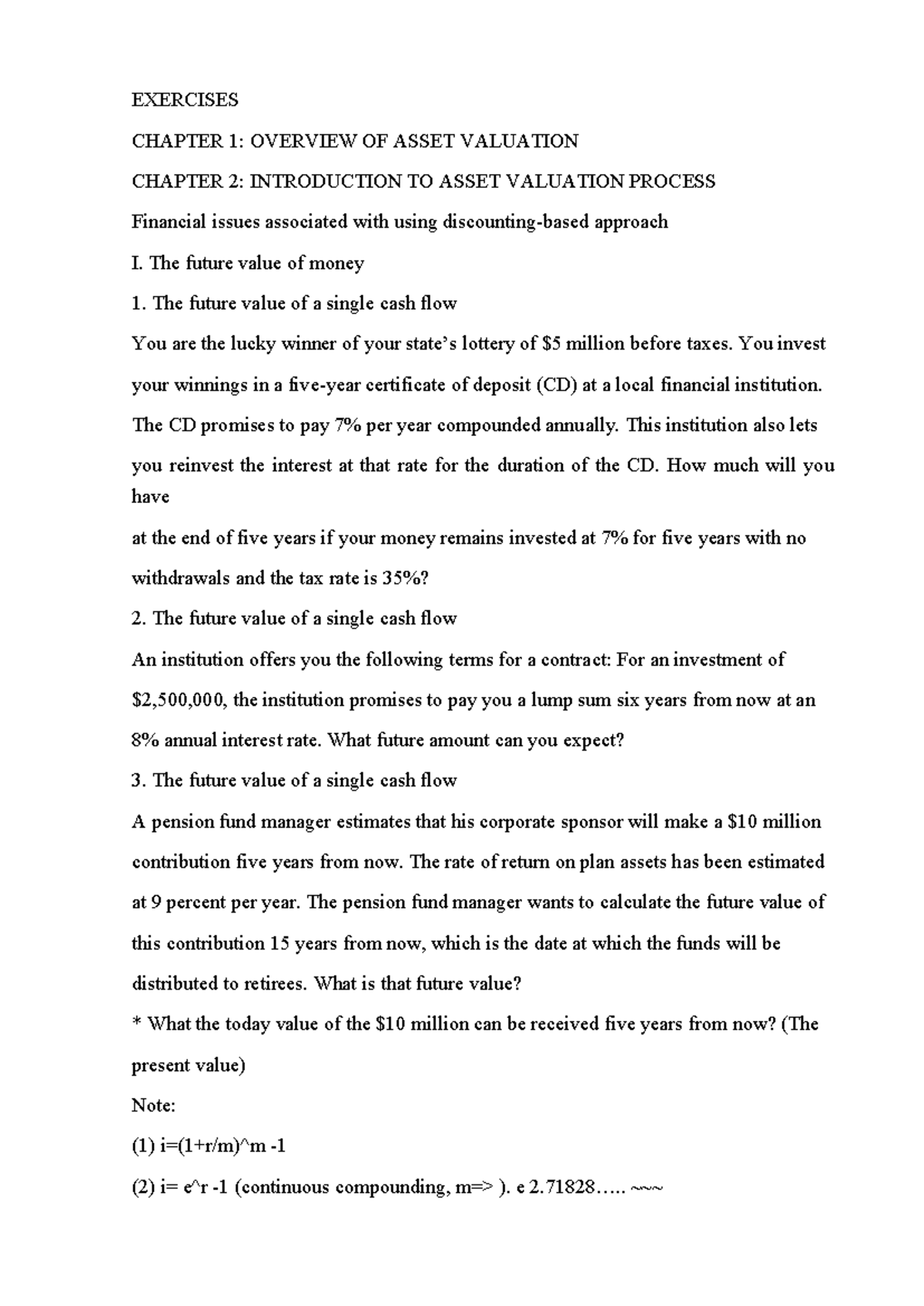 Exercises on Asset Valuation: Chapter 1 & 2 Overview and Applications ...