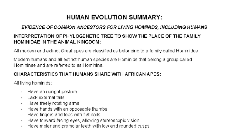 HUMAN EVOLUTION SUMMARY: COMMON ANCESTORS & PHYLOGENY ANALYSIS - Studocu