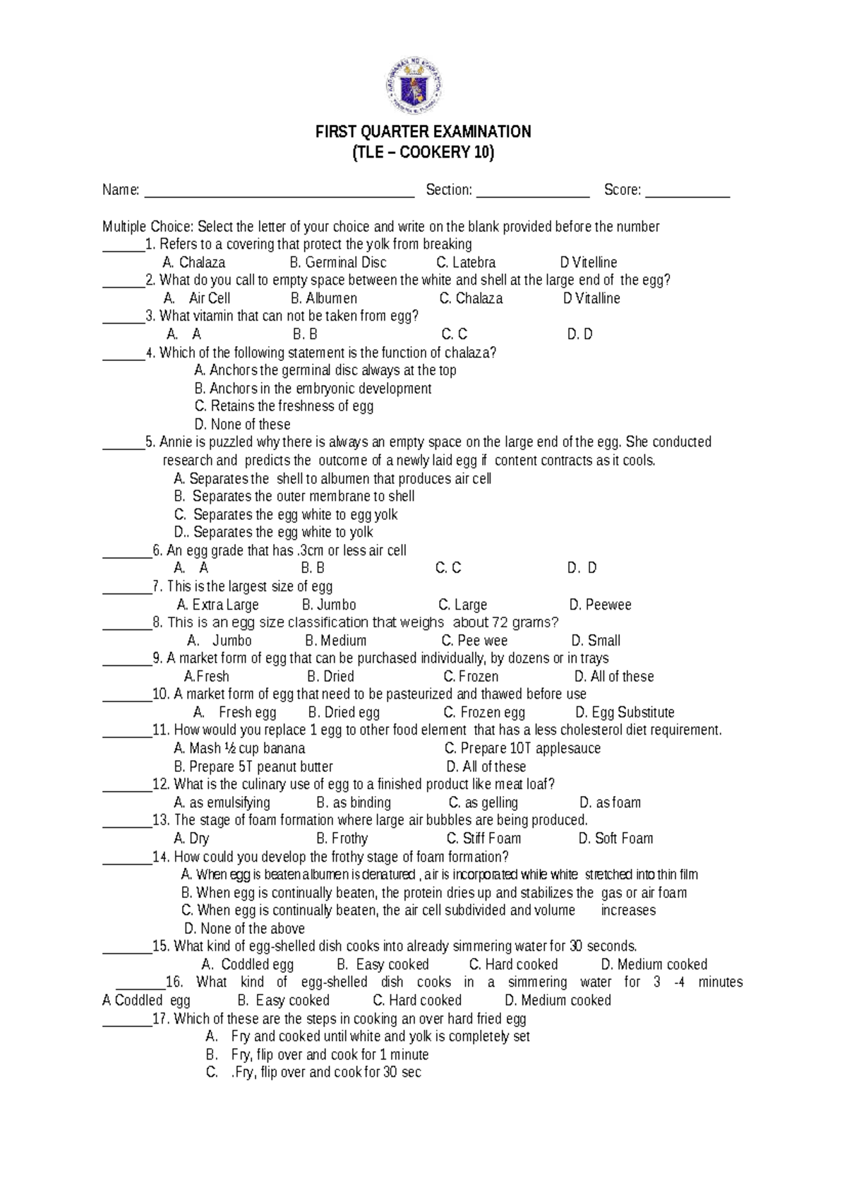 Cookery 10 First Quarter Exam: Multiple Choice Questions and Answers ...