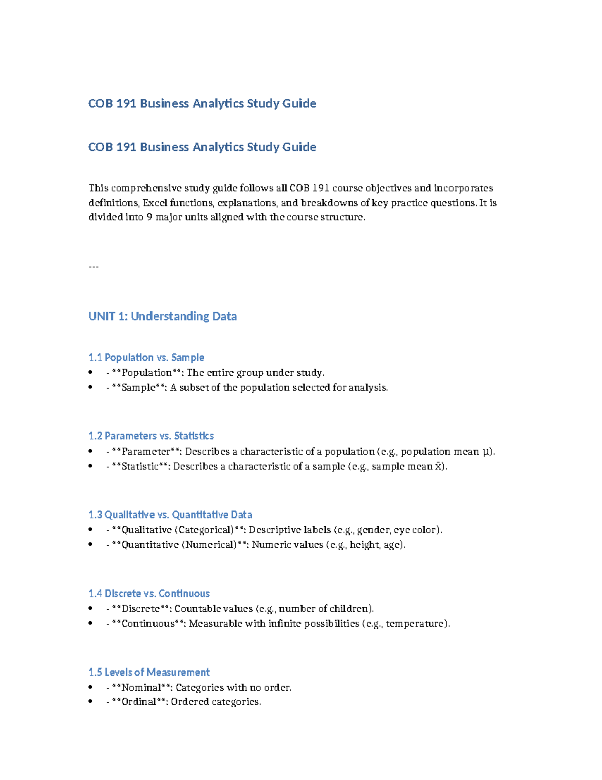 COB191 Business Analytics Study Guide: Key Concepts & Excel Tips - Studocu