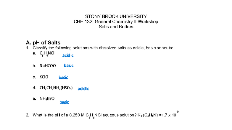 CHE 132: General Chemistry II Workshop on Salts and Buffers - Studocu