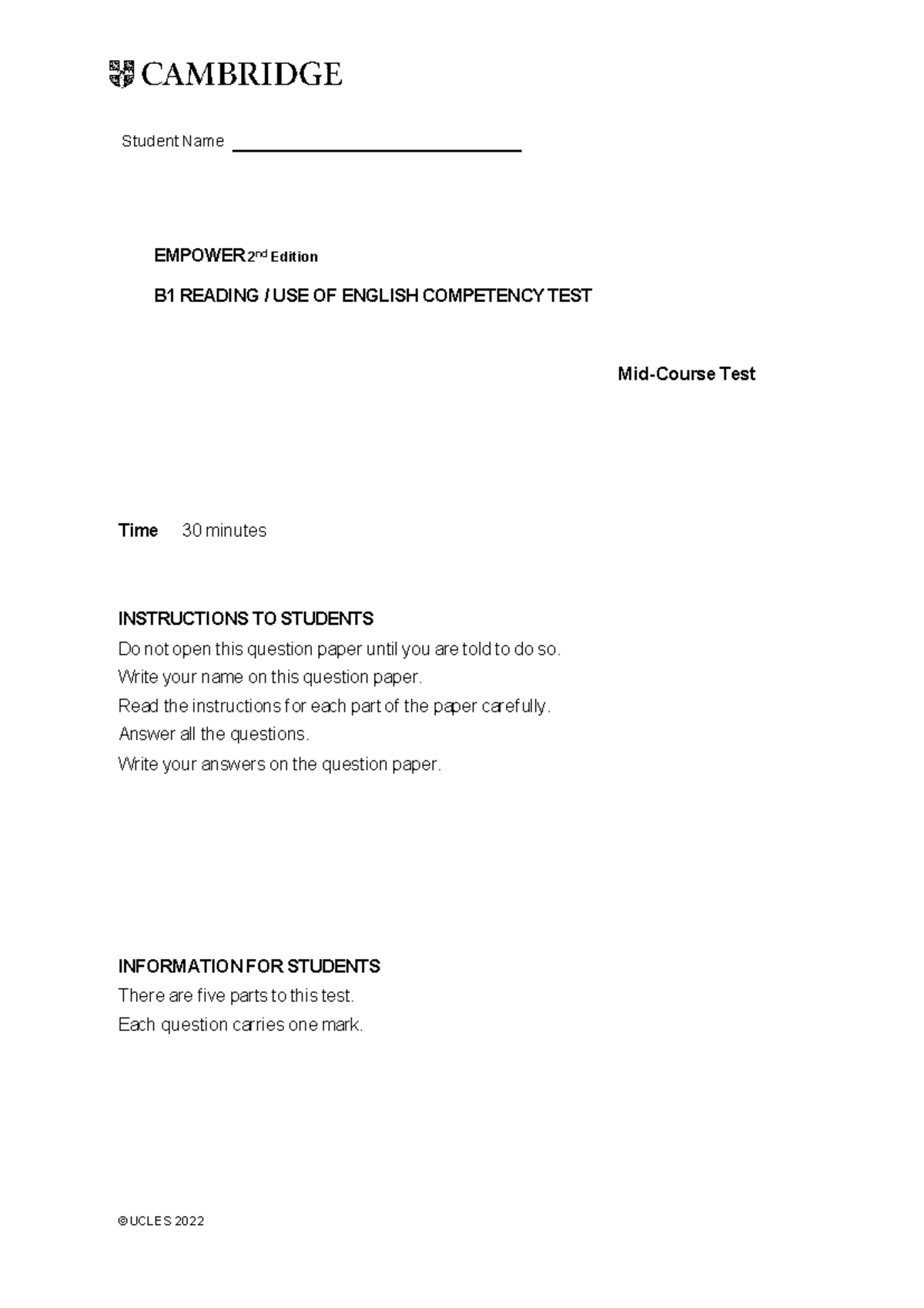 Empower 2nd Ed B1 Mid Course Reading Competency Test - Studocu
