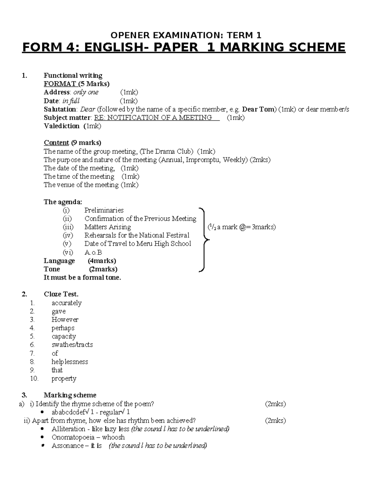 Form 4 English Term 1 Opener Exam Paper 1 Marking Scheme 2026 - Studocu