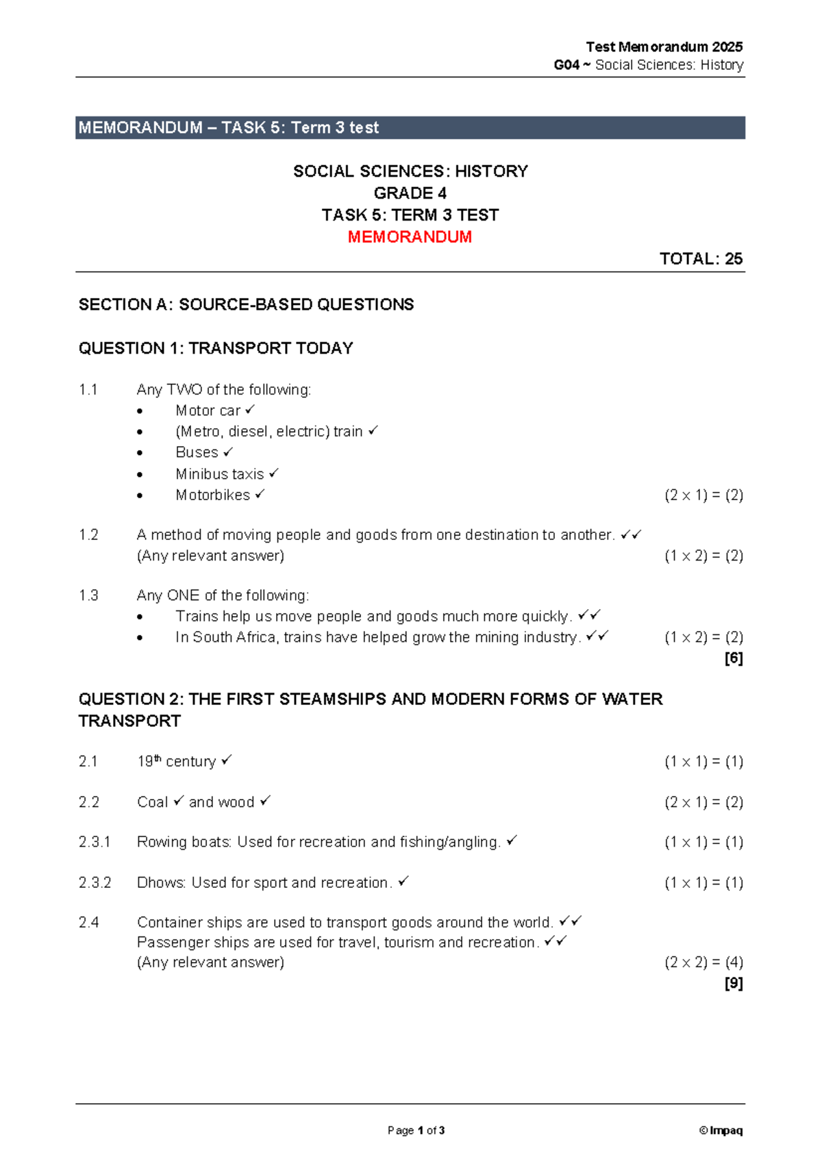 G04 Social Sciences: History Term 3 Test Memorandum 2025 - Studocu