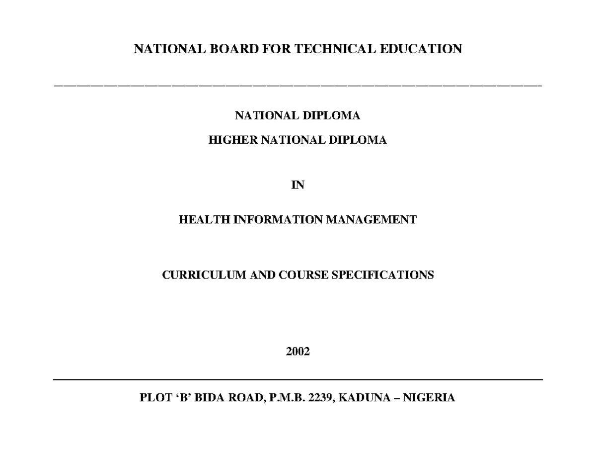 Health Information Management Curriculum and Course Specs (NATIONAL ...