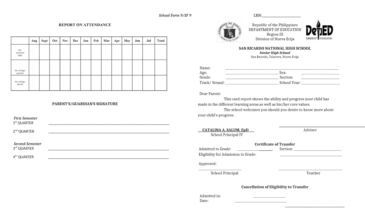 School Form 9 LRN: Attendance Report for SY 2023-2024 - Studocu