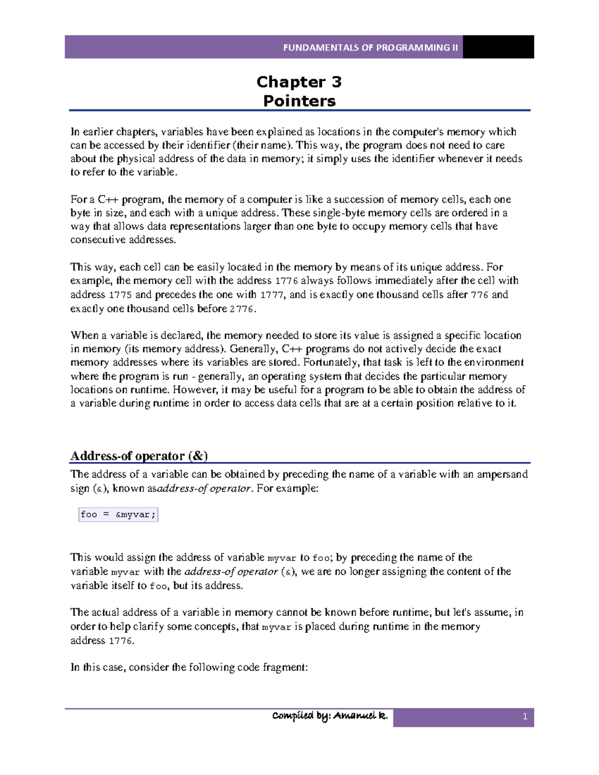 FUNDAMENTALS OF PROGRAMMING II Chapter 3: Understanding Pointers - Studocu