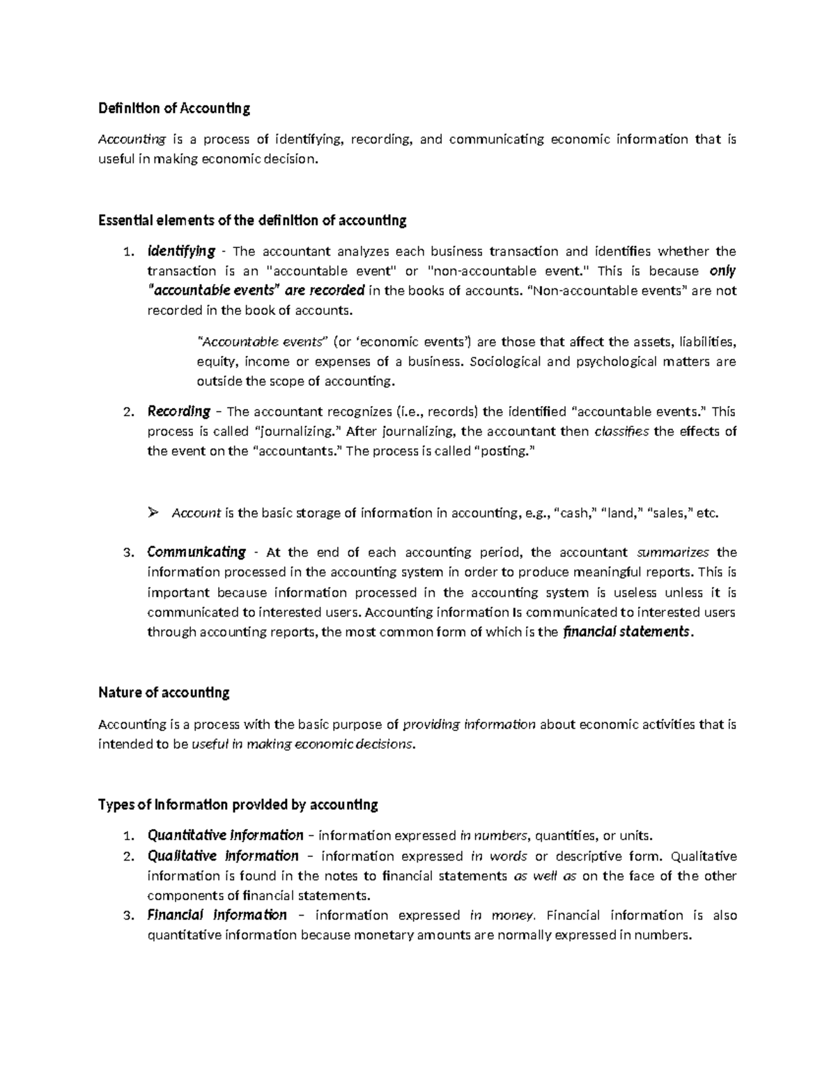 Accounting Basics: Definition, Elements, and Information Types - Studocu