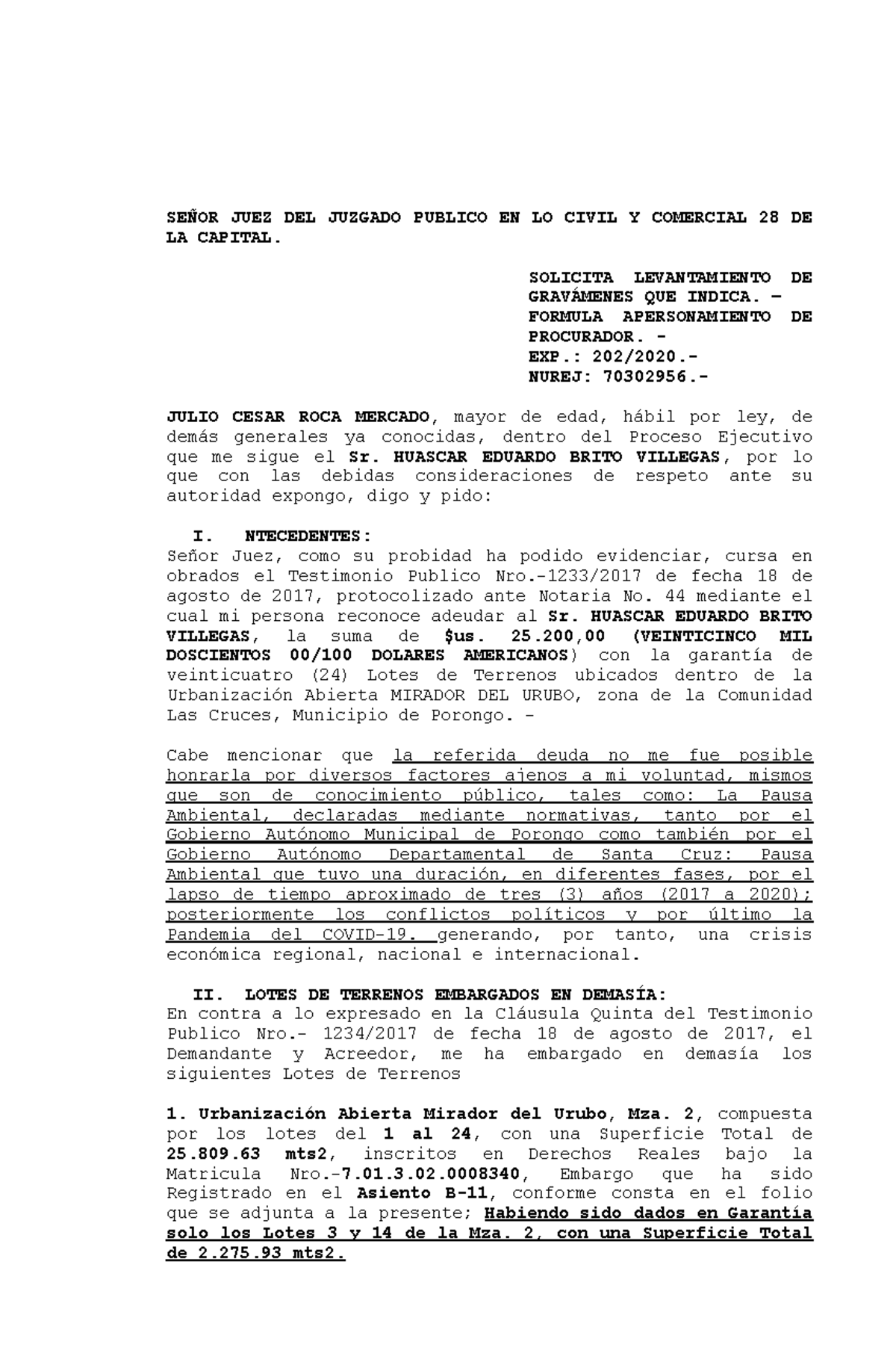 CASO 70302956: Solicitud de Levantamiento de Gravámenes - Huascar Brito - Document Preview
