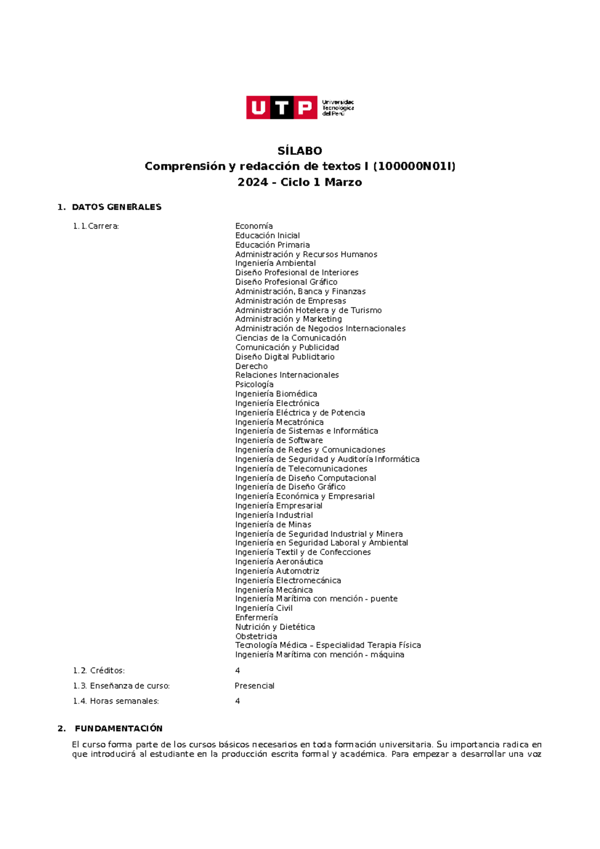 Sílabo del Curso 100000 N01I: Comprensión y Redacción de Textos I - Document Preview