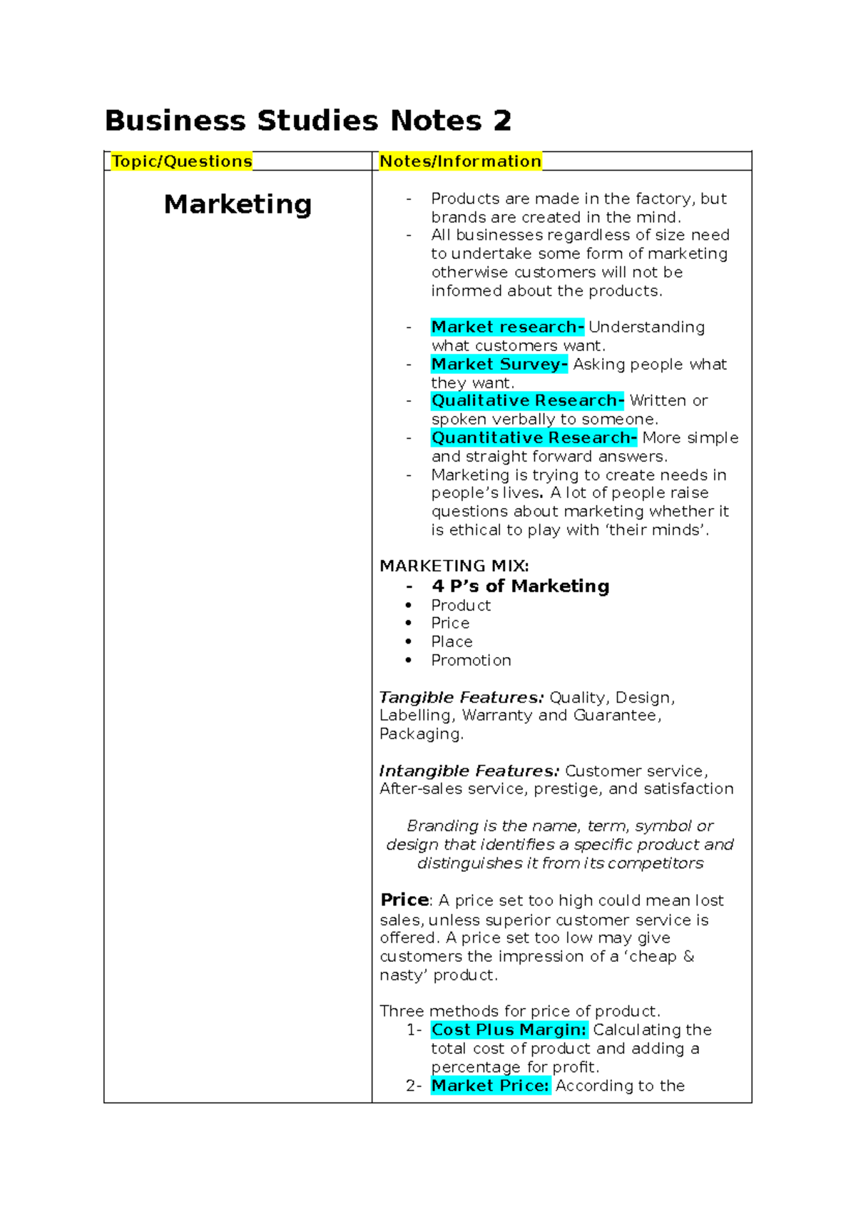 Business Studies Notes 2: Marketing and Management Overview - Studocu