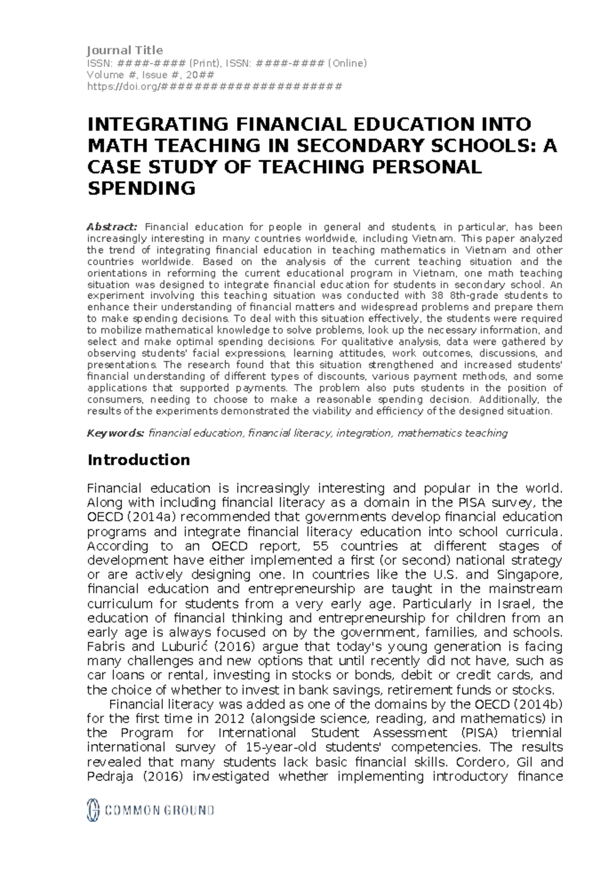 Integrating Financial Education in Math Teaching: A Case Study for ...