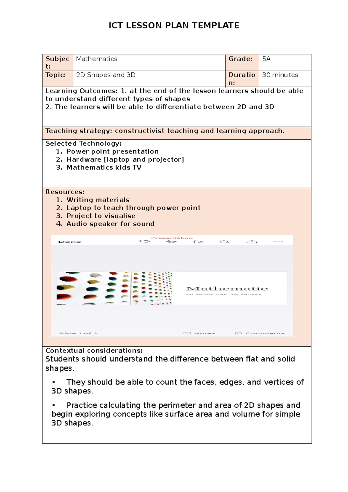 Ict poe finaly - draft - ICT LESSON PLAN TEMPLATE Subjec t: Mathematics ...