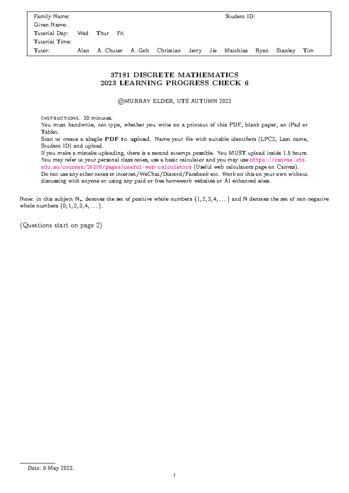 LPC6-Aut2023 - Discrete Mathematics Learning Progress Check 6 - Studocu