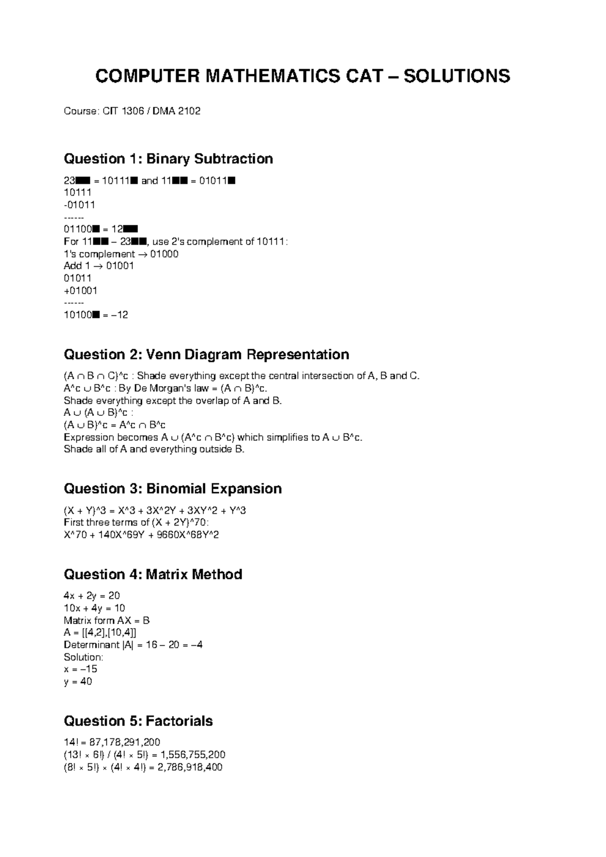 CIT 1306 Computer Mathematics CAT Solutions and Explanations - Studocu
