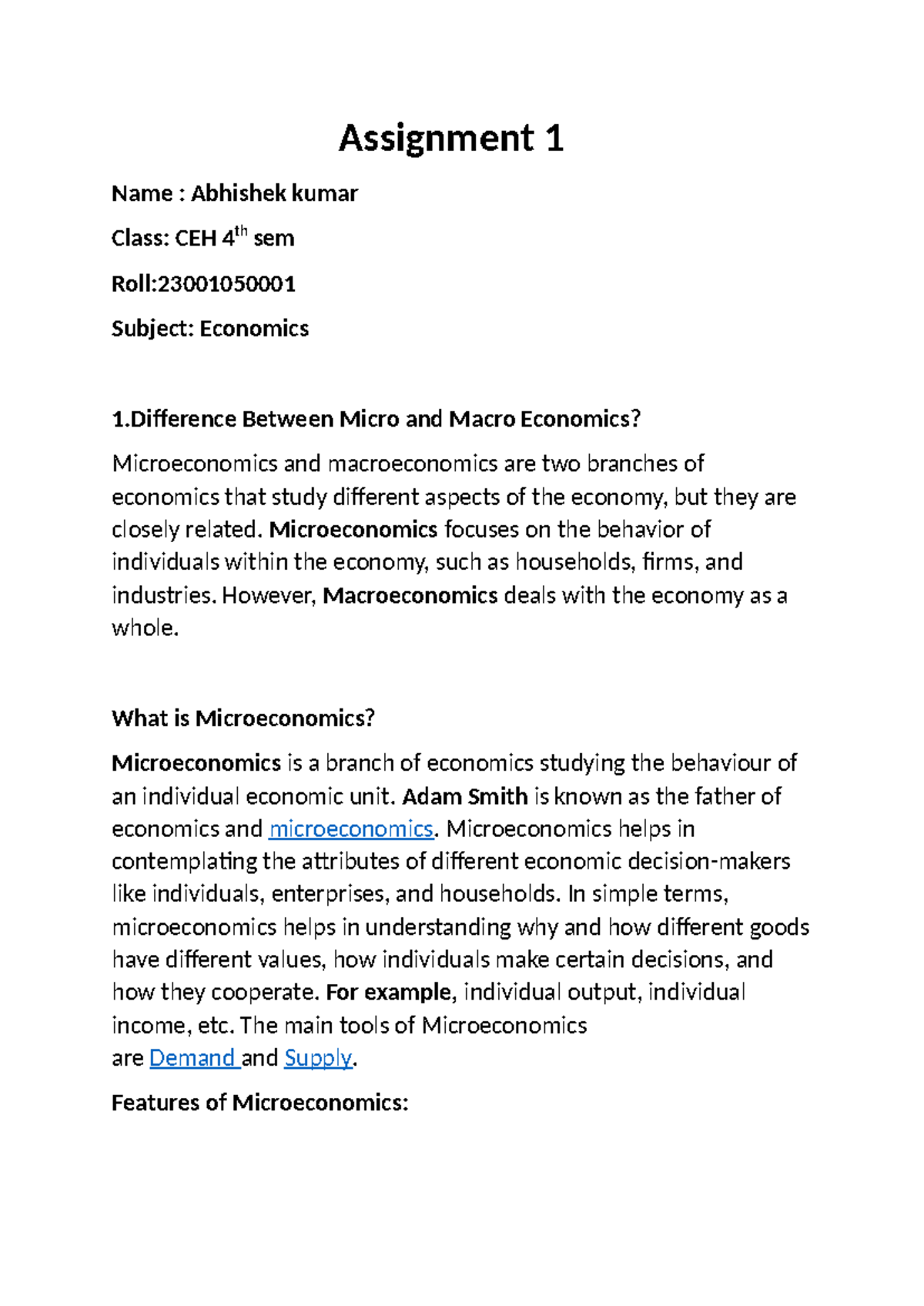 CEH 4th Sem Assignment 1: Micro vs Macro Economics Overview - Studocu