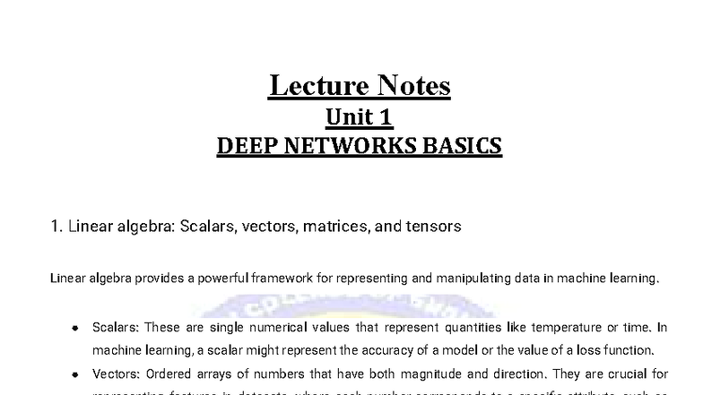 Lecture Notes Unit 1: Basics of Deep Networks and Optimization - Studocu
