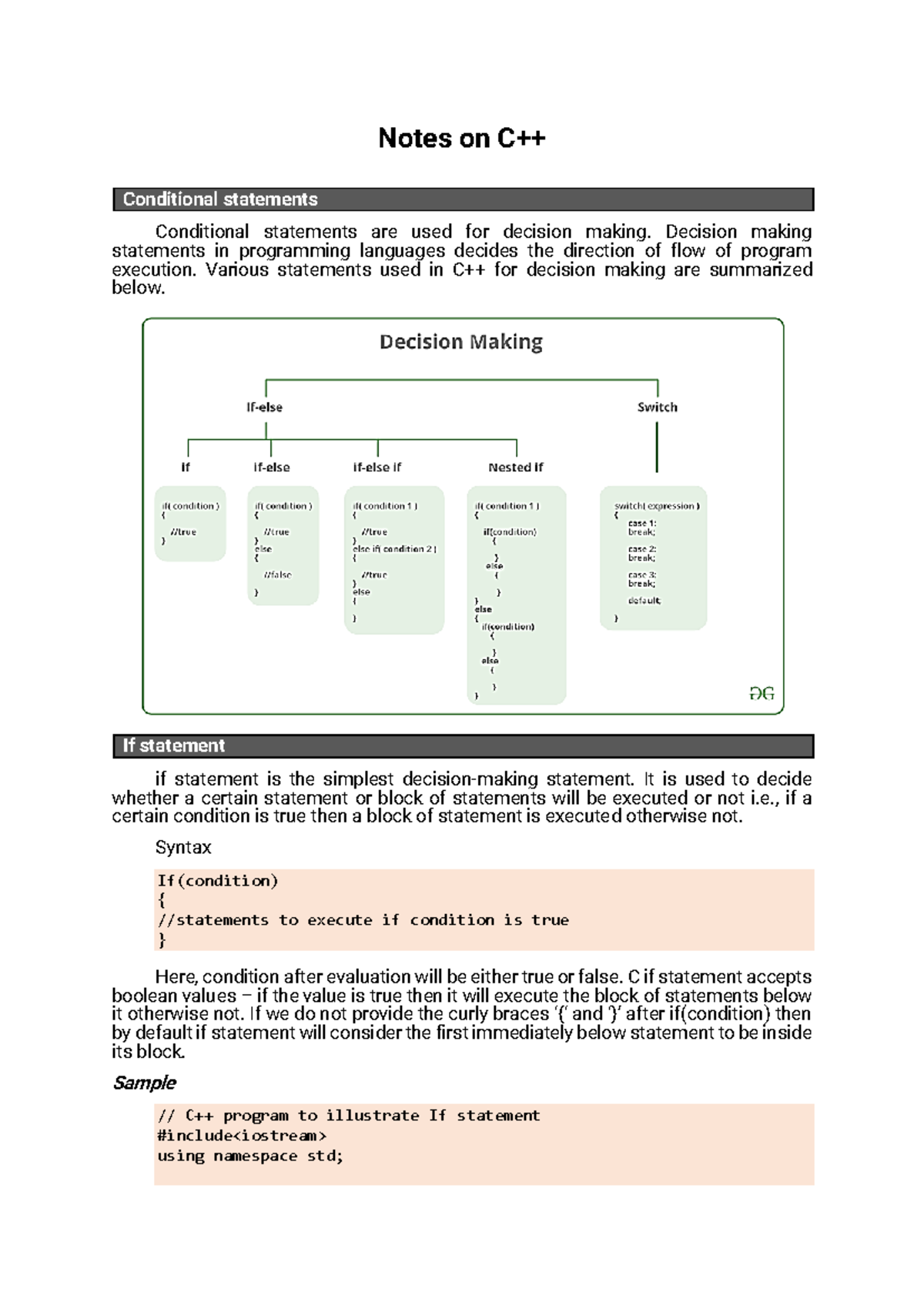 Notes on C++ - Conditional statements Conditional statements are used ...