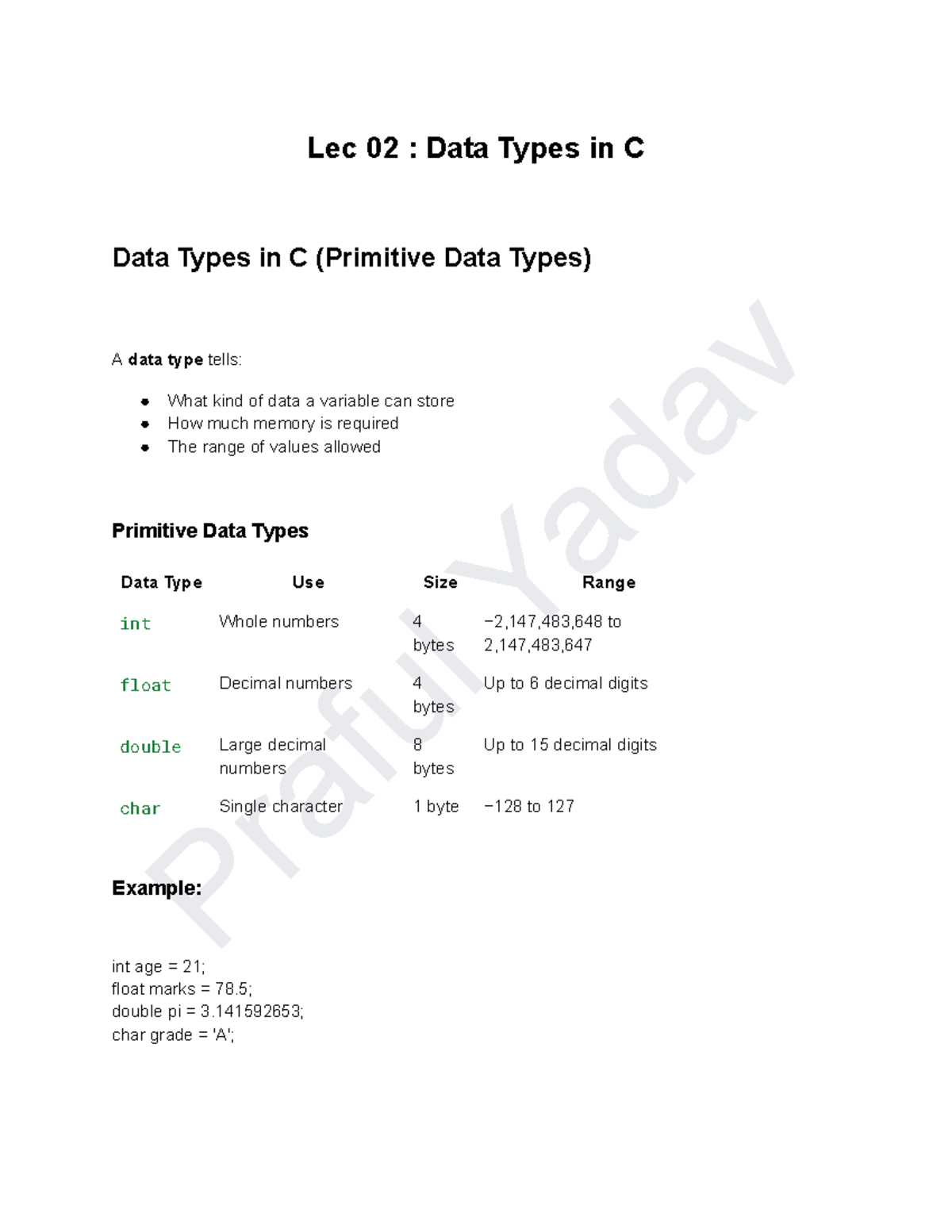 Lec 02: Understanding Data Types in C Programming - Studocu