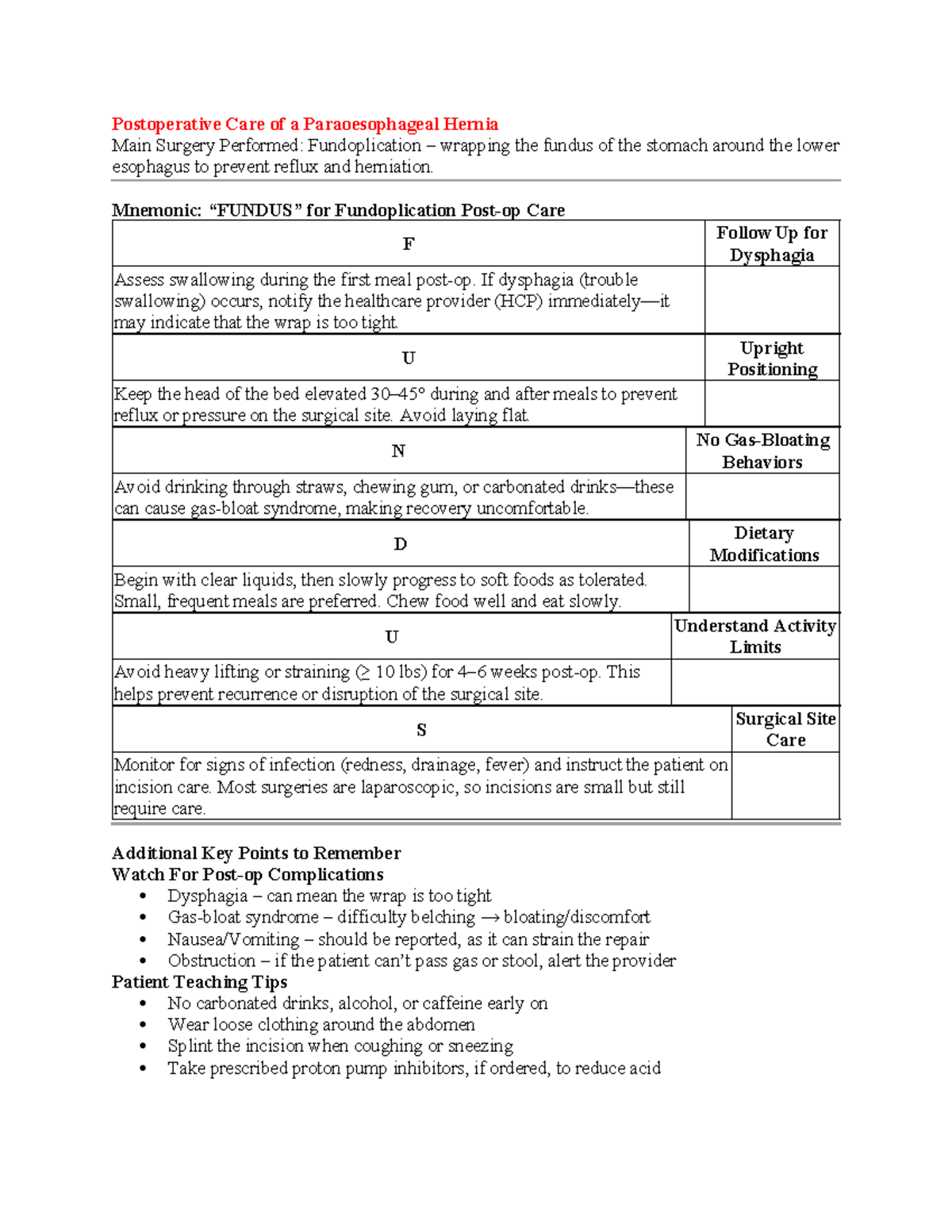 Med Surg GI - Lecture Notes: Postoperative Care & Complications - Studocu