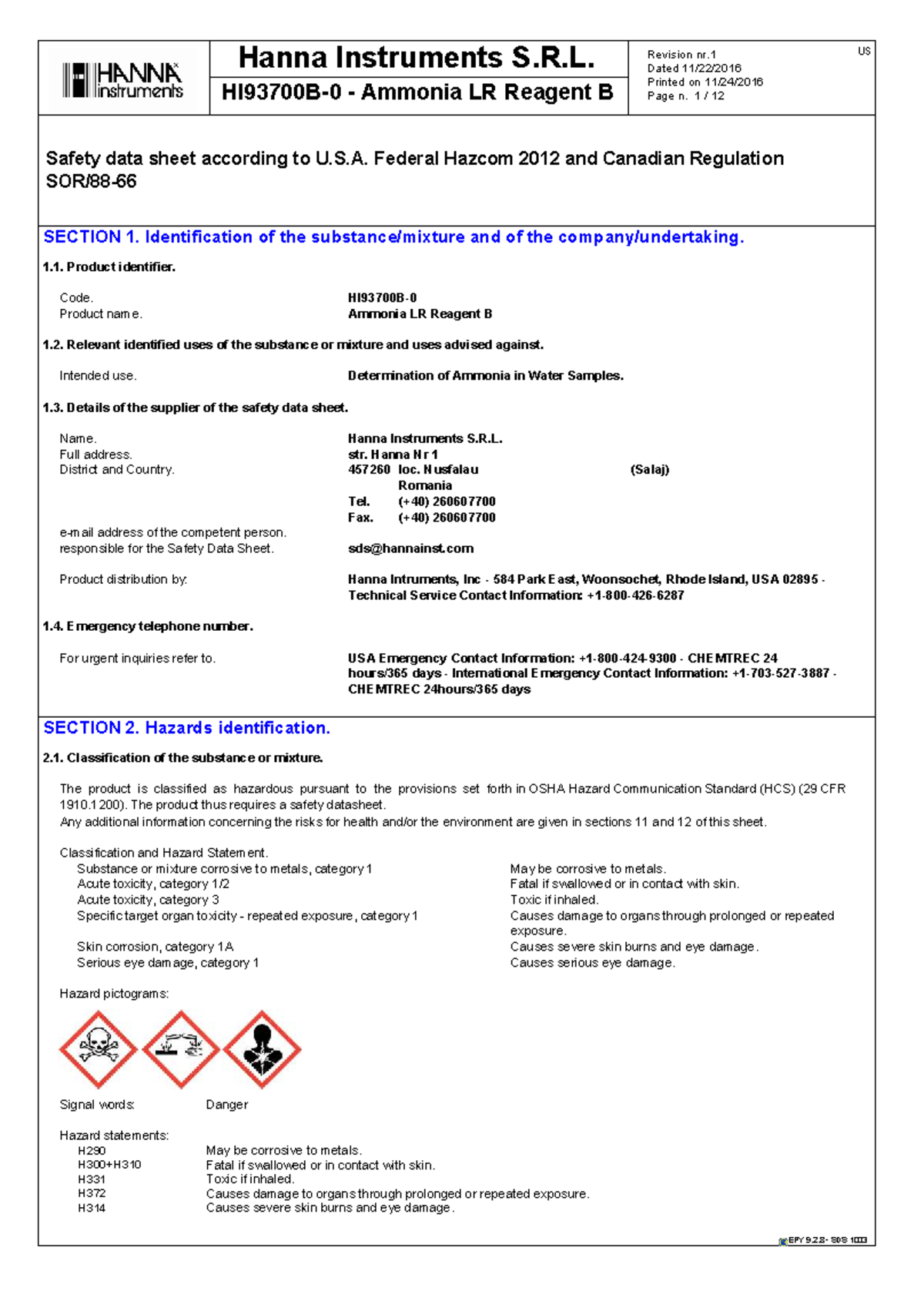 SDS for Ammonia LR Reagent B (US) - Hanna Instruments - Studocu