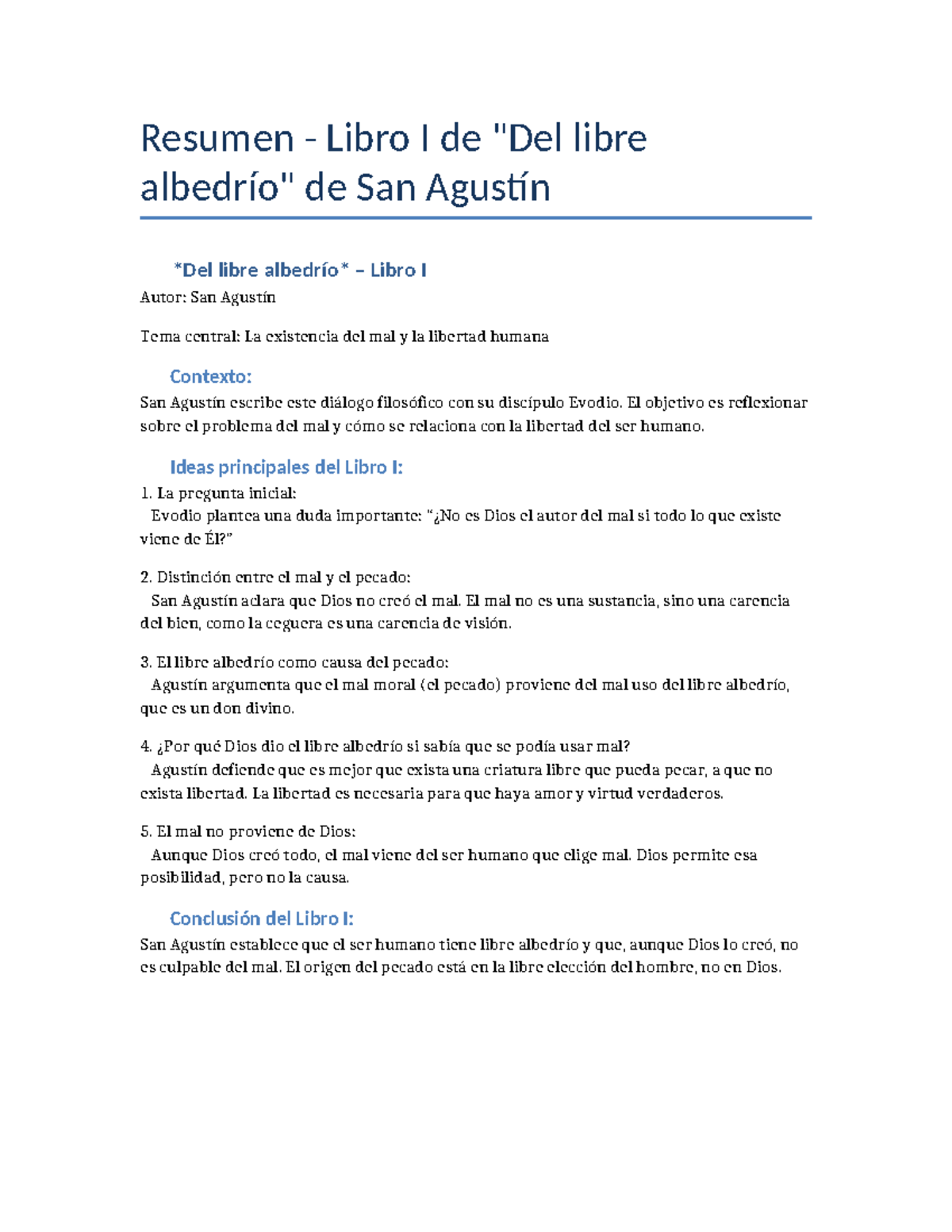 Resumen Libro I: El Libre Albedrío de San Agustín - Análisis y ...