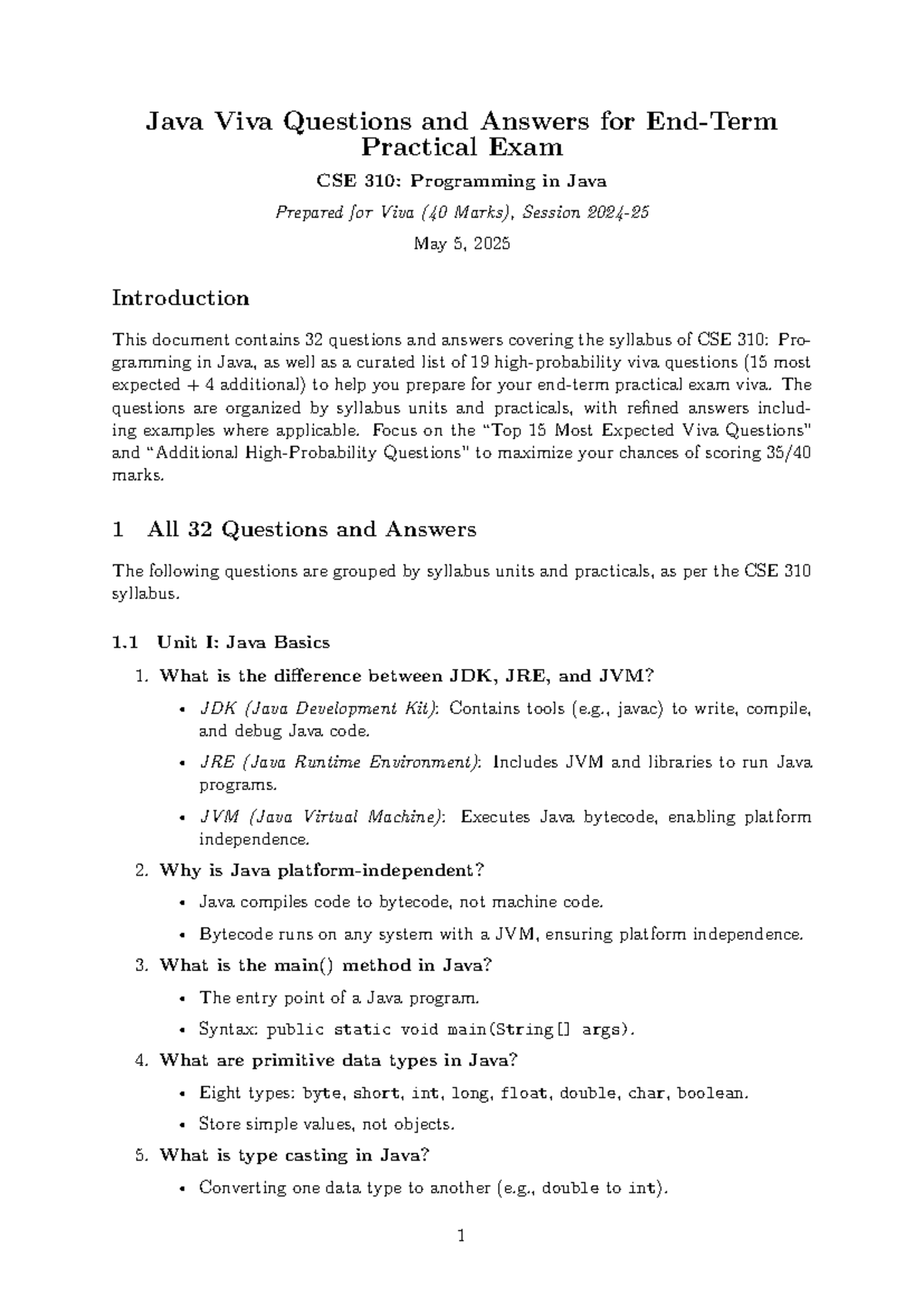 CSE 310: Java Practical Exam Expected Viva Questions and Answers - Studocu