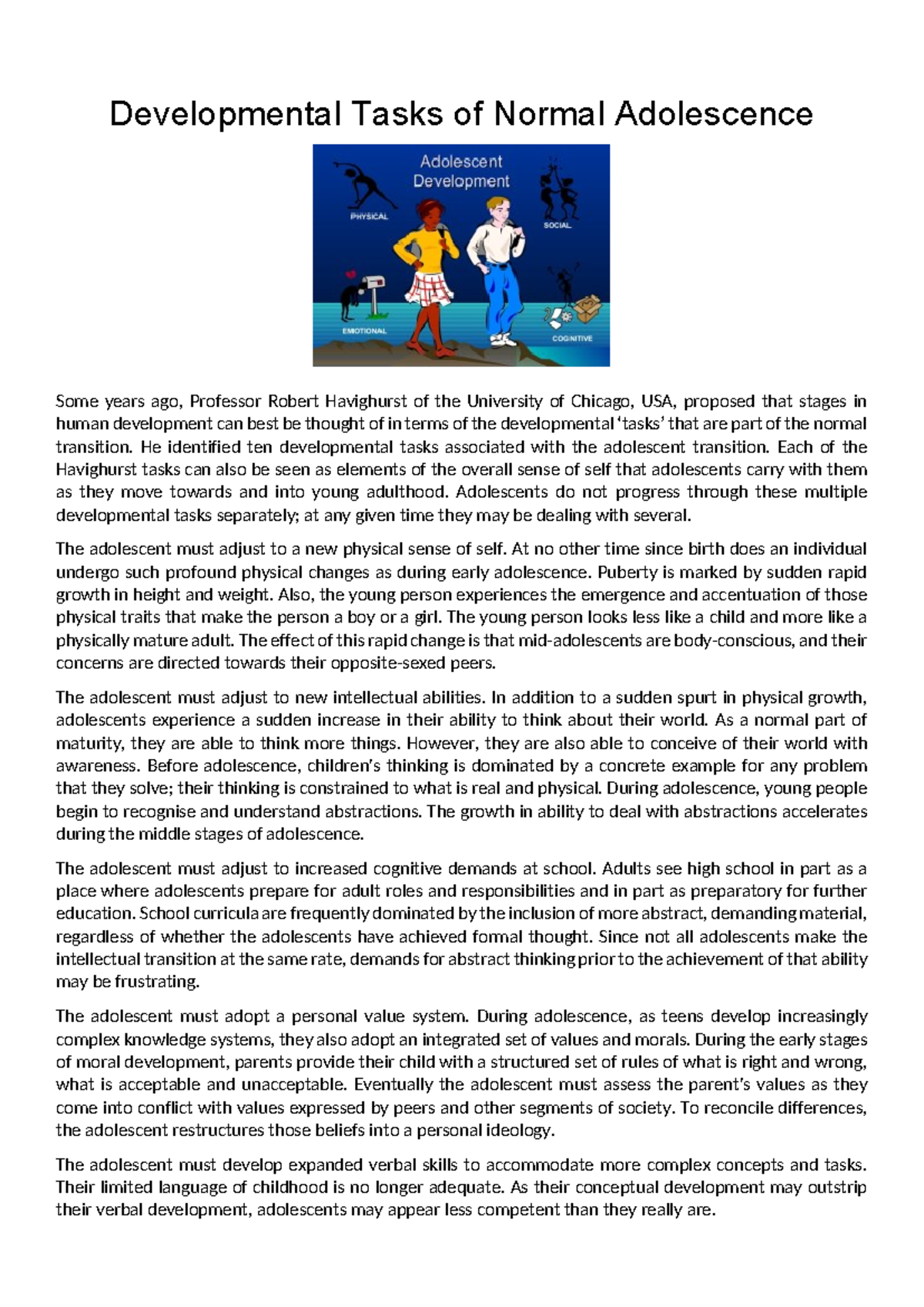 Developmental Tasks in Normal Adolescence: Insights by Havighurst - Studocu