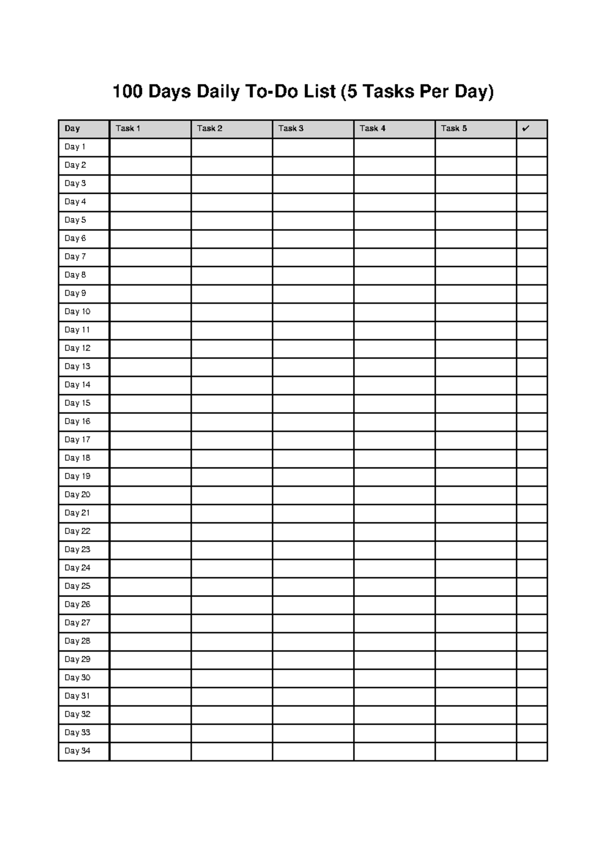 100 Days Daily Task List: 5 Tasks Per Day - Studocu