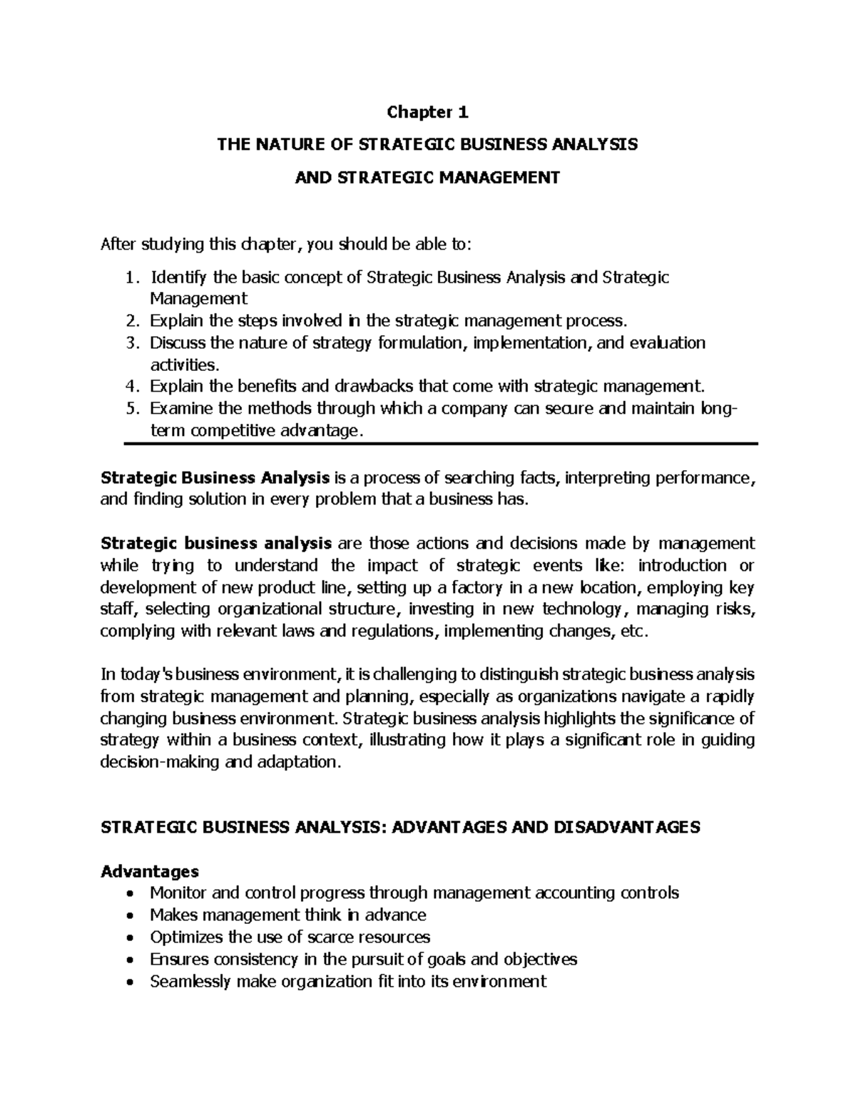 Chapter 1: Nature of Strategic Business Analysis & Management - Studocu
