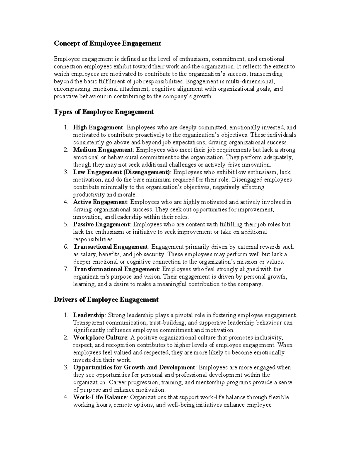 HRM 1 - Key Notes on Employee Engagement for Sem 6 - Studocu