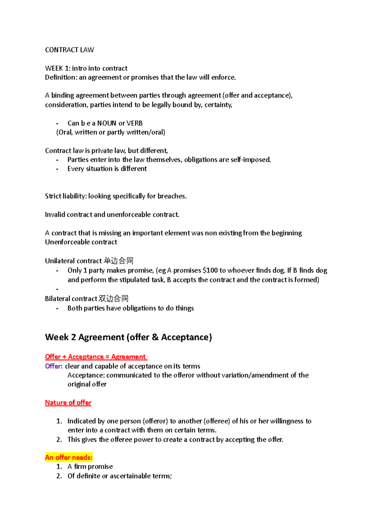 Contract Law Study Notes (LAW101) - Weeks 1-4 Overview - Studocu