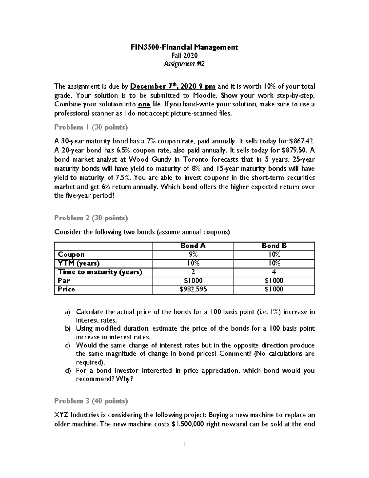 FIN3500 Assignment 2 - 1 FIN3500-Financial Management Fall 2020 ...