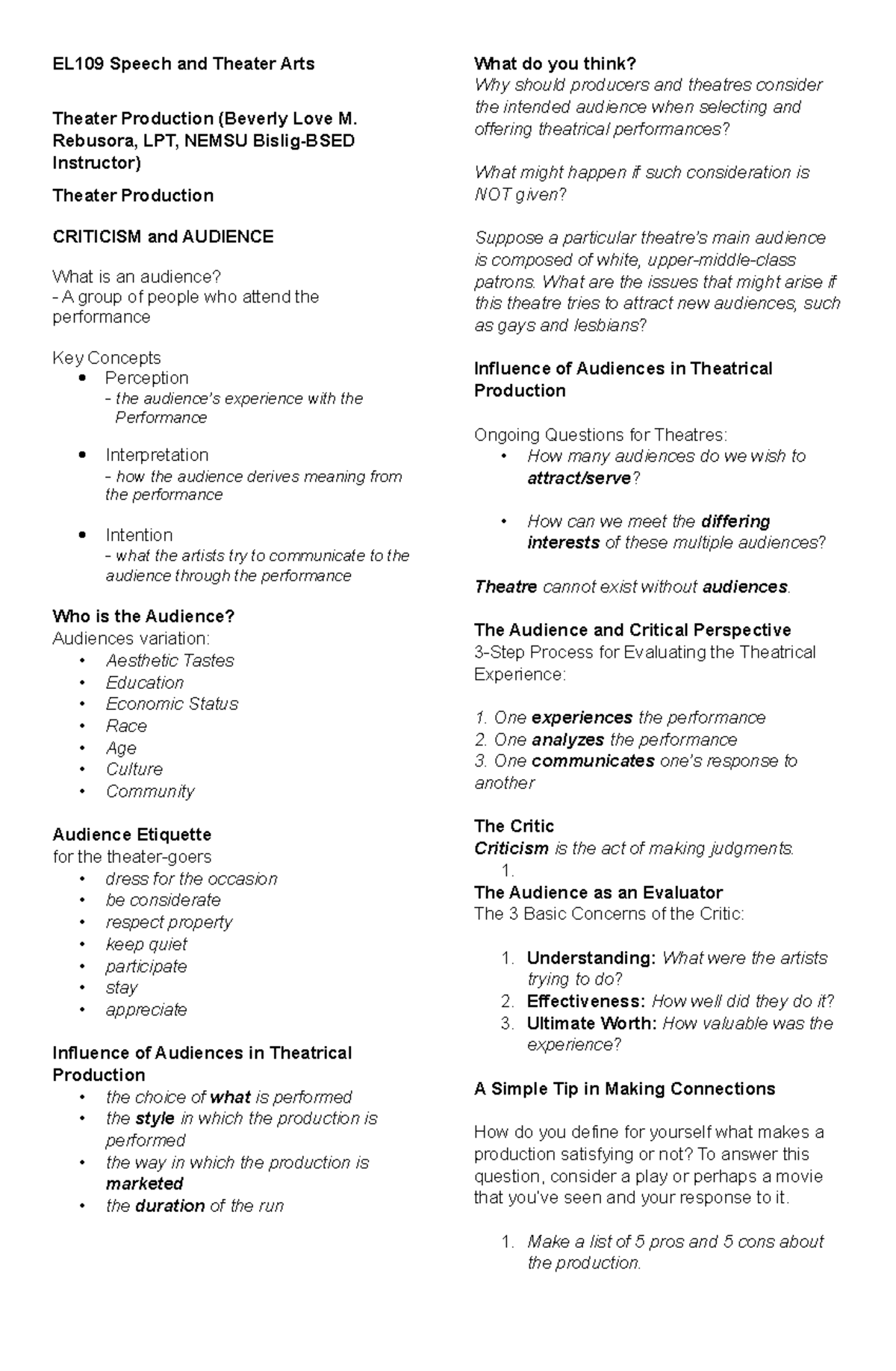 EL109 Final Exam Study Guide on Audience and Theater Production - Studocu
