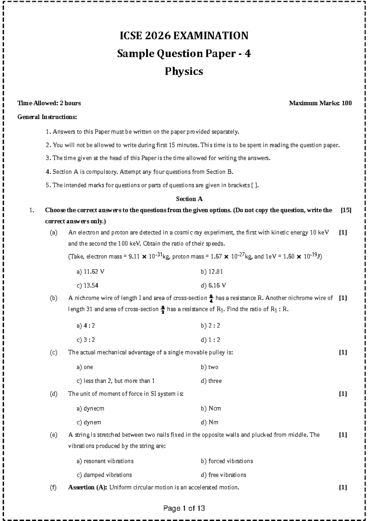 ICSE 2026 Physics Class 10 Sample Question Paper 4 - Studocu