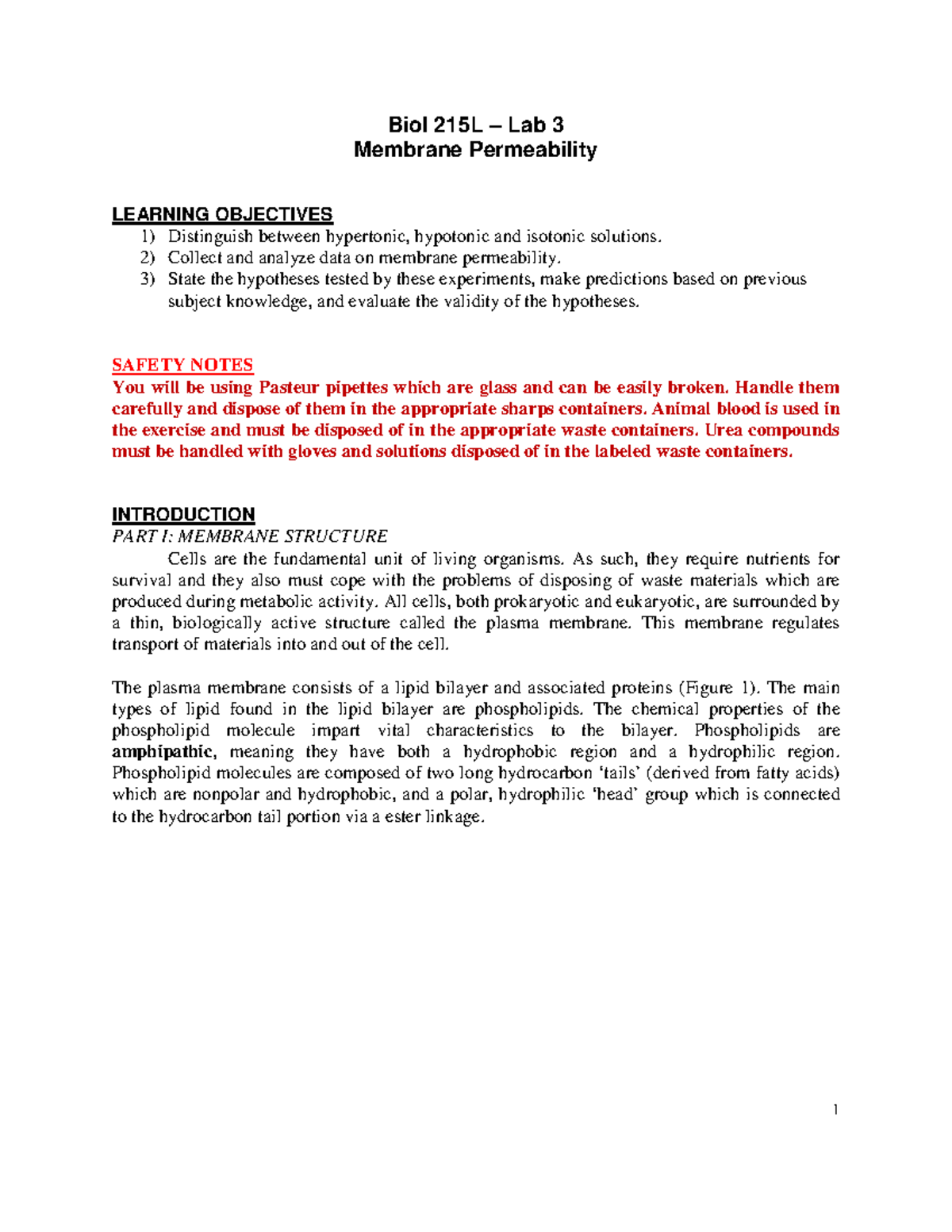 Lab 3 Protocol - Membrane Permeability - Biol 215L – Lab 3 Membrane ...