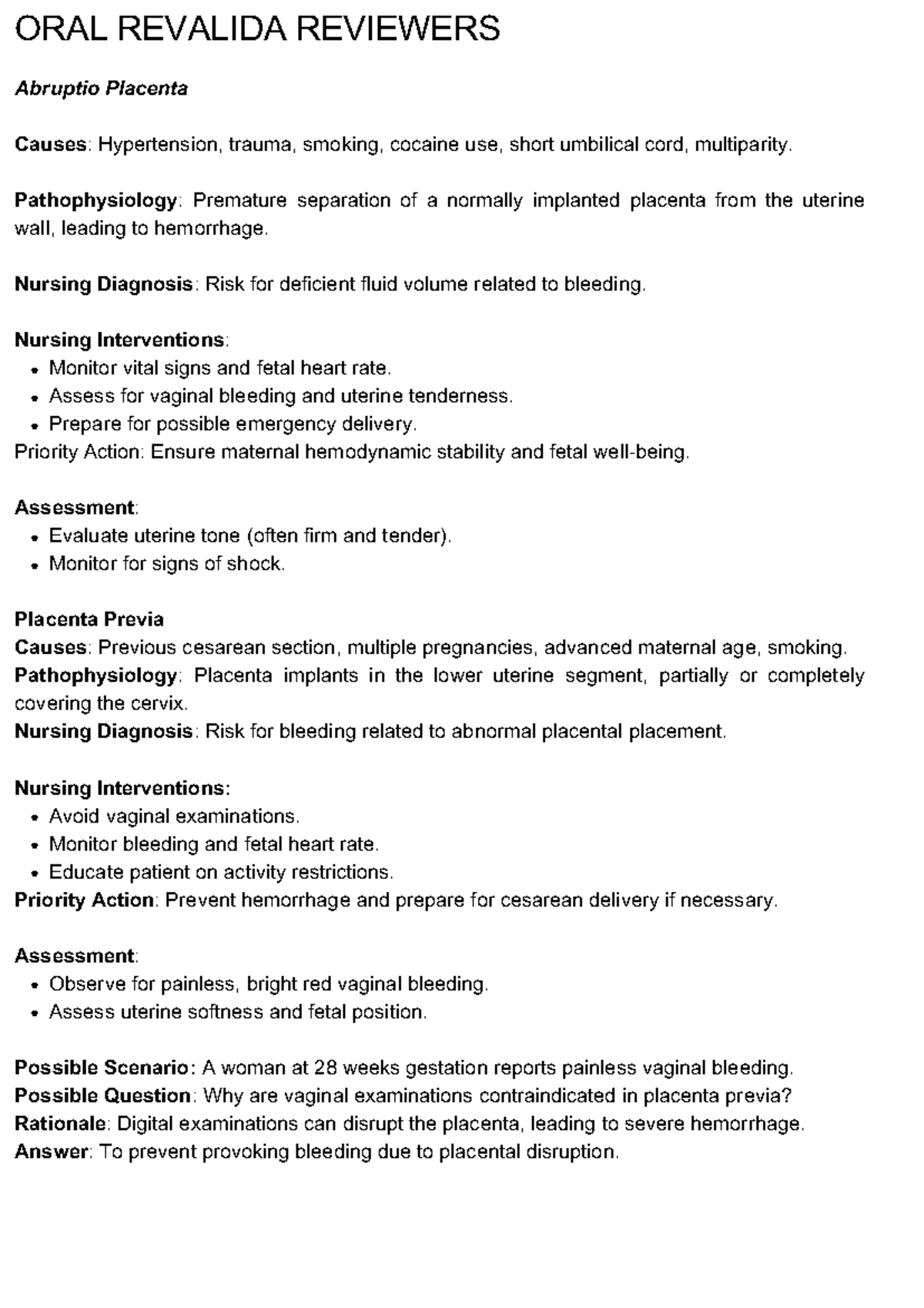 ORAL REVALIDA REVIEWERS: Abruptio Placenta & Placenta Previa Management ...