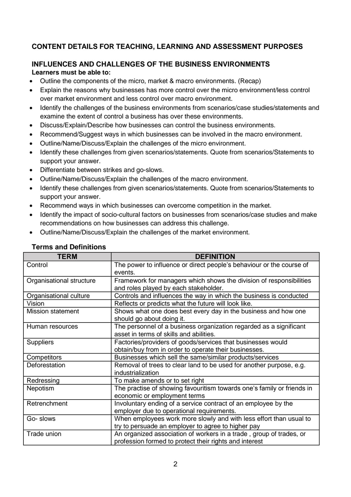 Business Studies Chapter 1 - CONTENT DETAILS FOR TEACHING, LEARNING AND ...