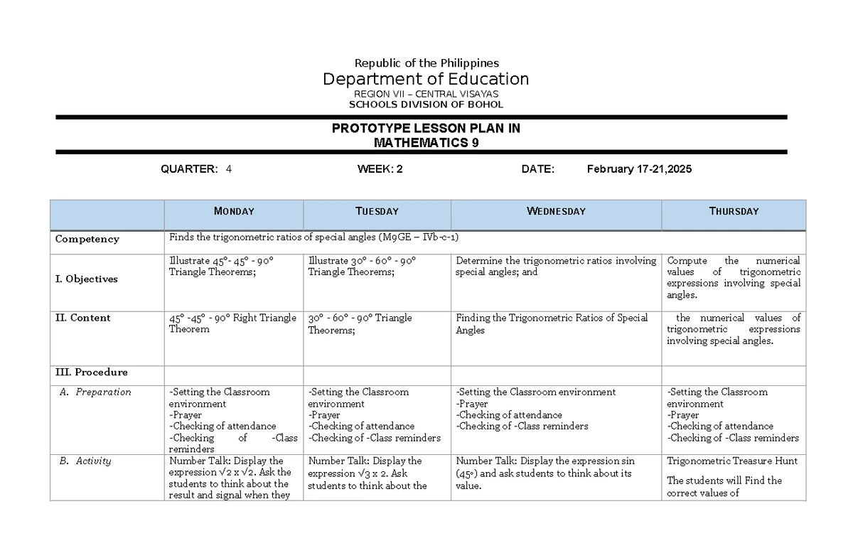 Math 9 Prototype Lesson Plan Q4-W3 - Angles of Elevation & Depression ...