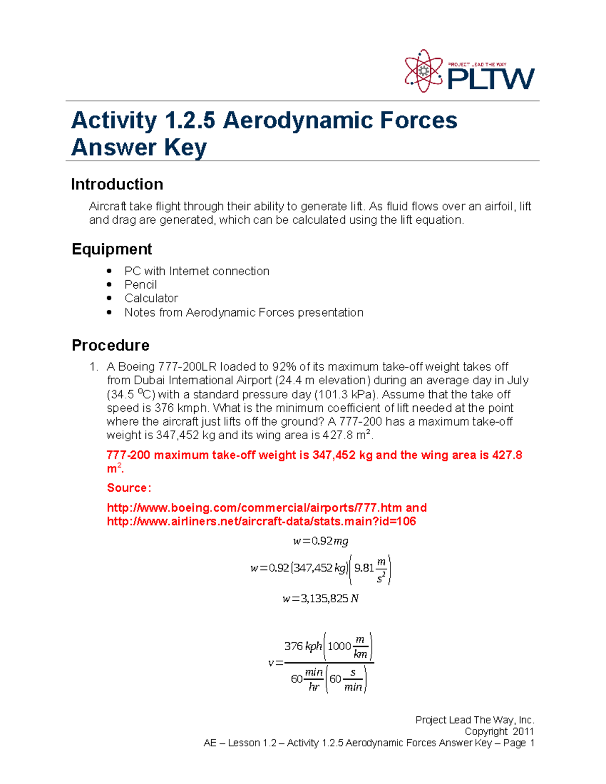 A1 2 5 Aerodynamic Forces Answer Key and Calculations - Studocu