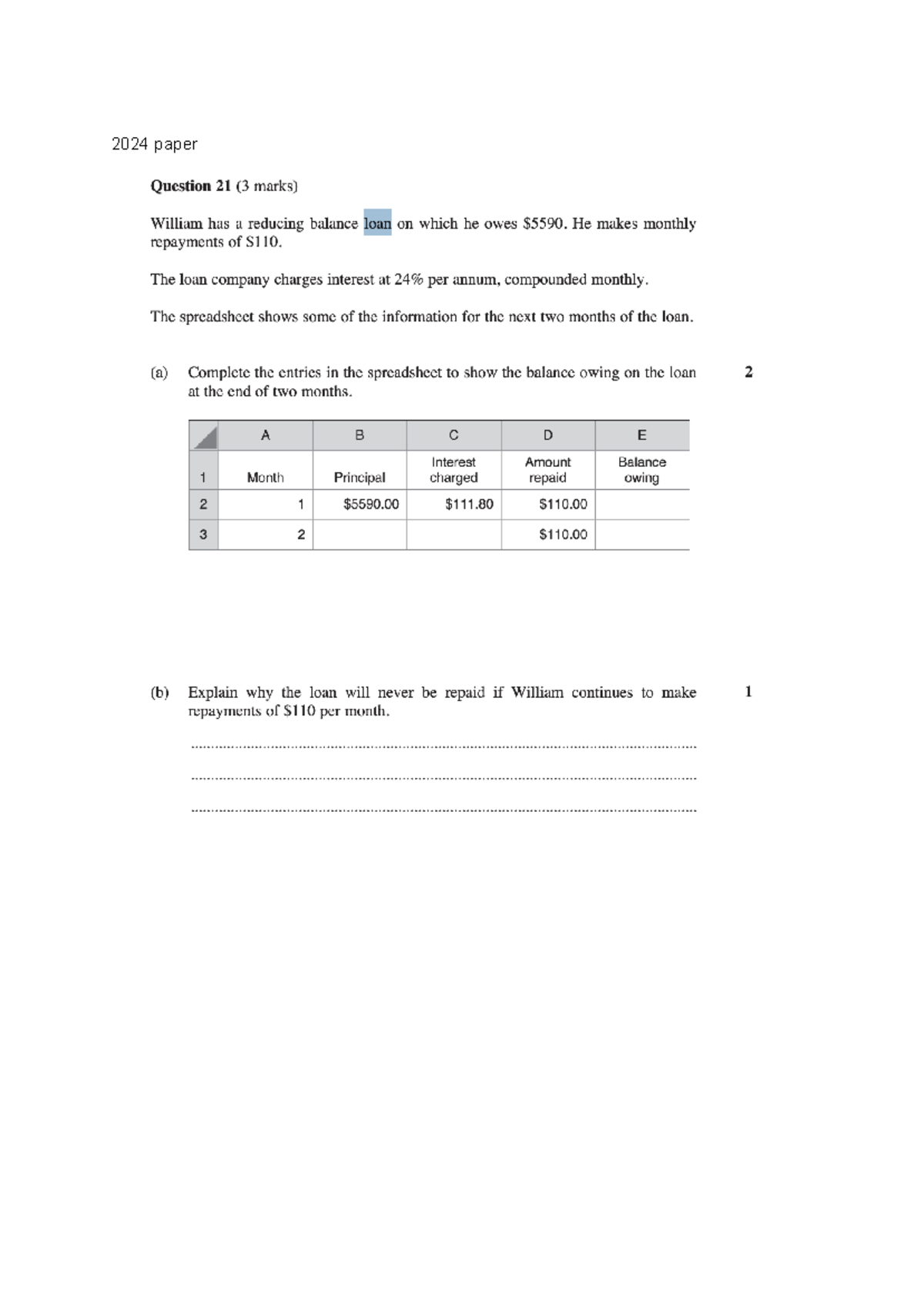 Financial Maths Qs: 2024 Paper Questions on Loans & Investments - Studocu