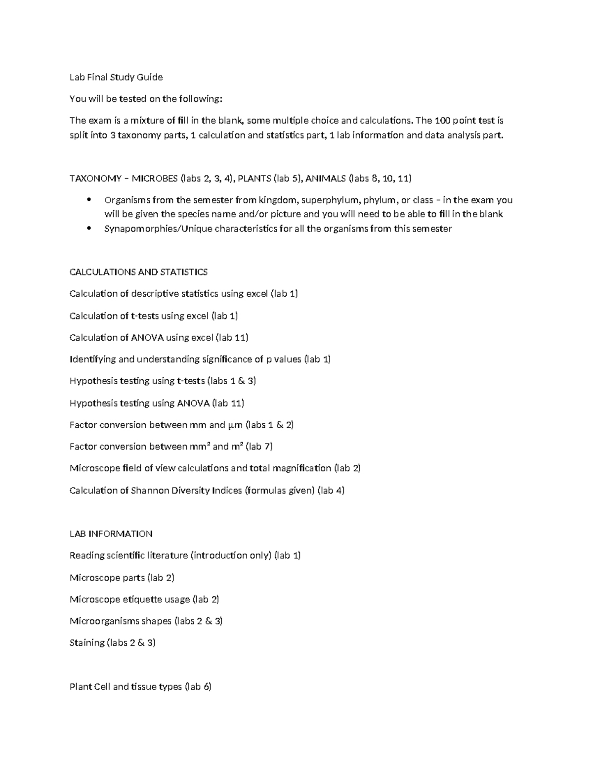 Biology 101 Lab Final Exam Study Guide: Key Concepts & Calculations ...
