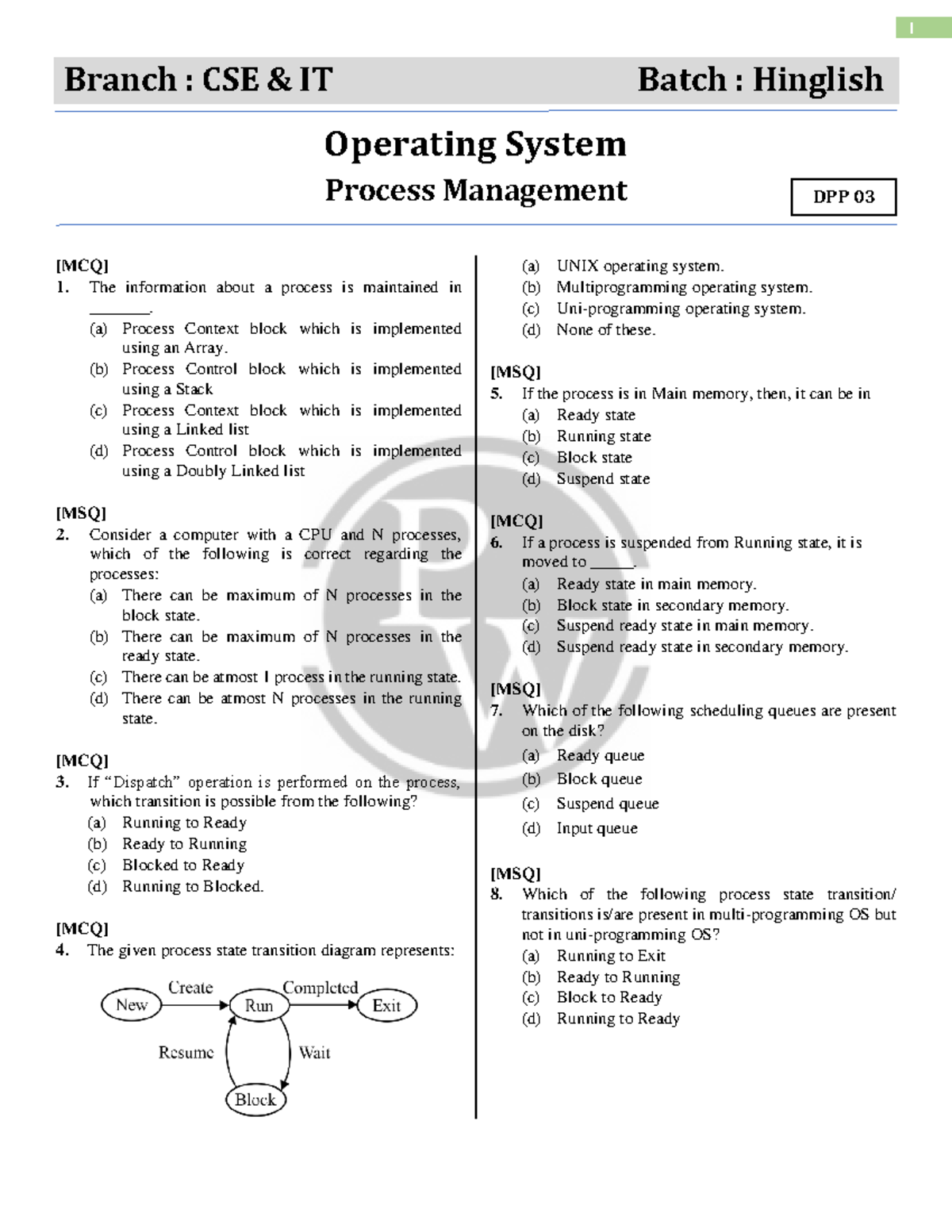 Process Management DPP 03: CSE IT Batch Insights on OS Processes - Studocu