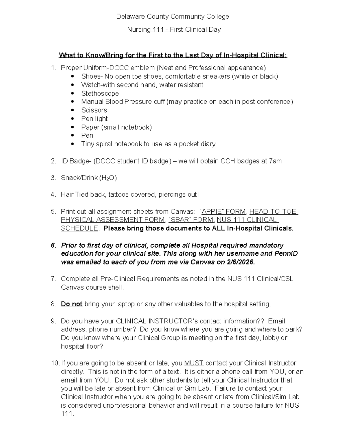 NUS 111 DCCC - First Clinical Day Essentials Checklist - Studocu
