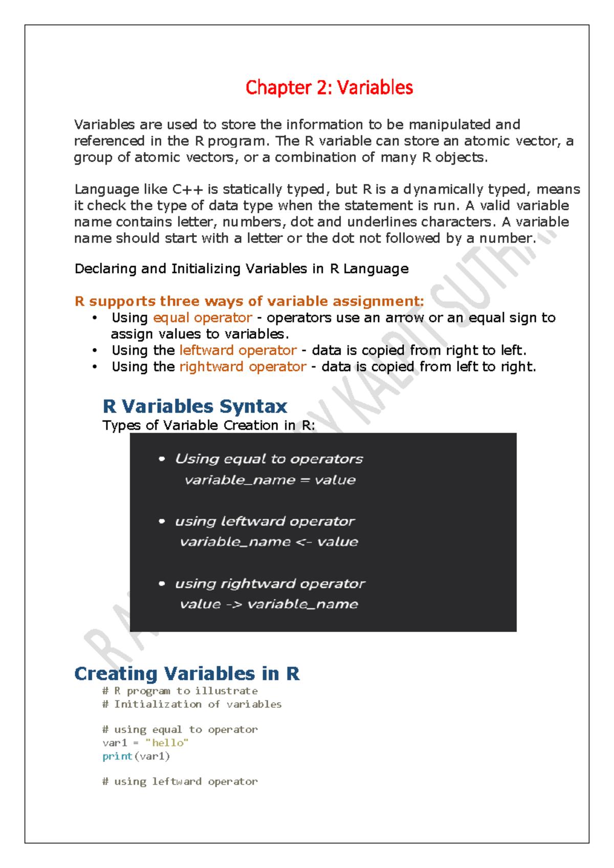 Ch-2: Variables in R - Declaration, Initialization & Methods - Studocu