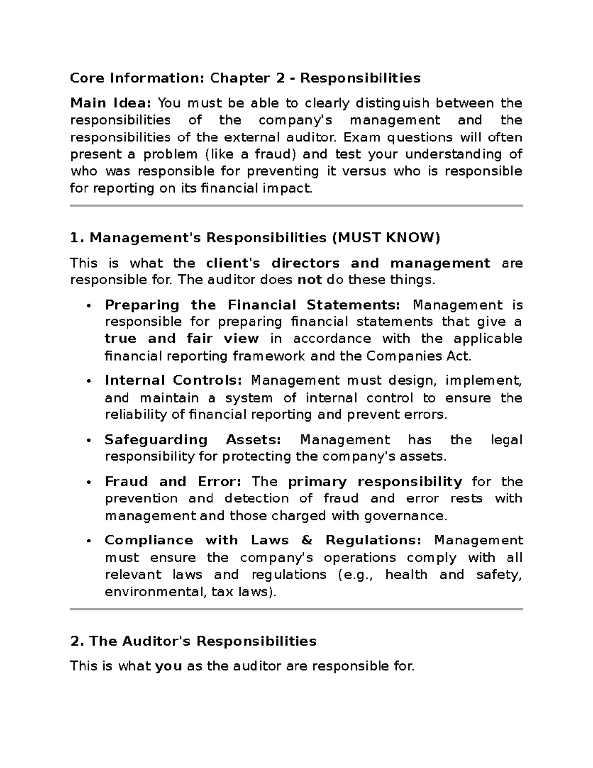 Chapter 2 Summary: Management vs Auditor Responsibilities - Studocu