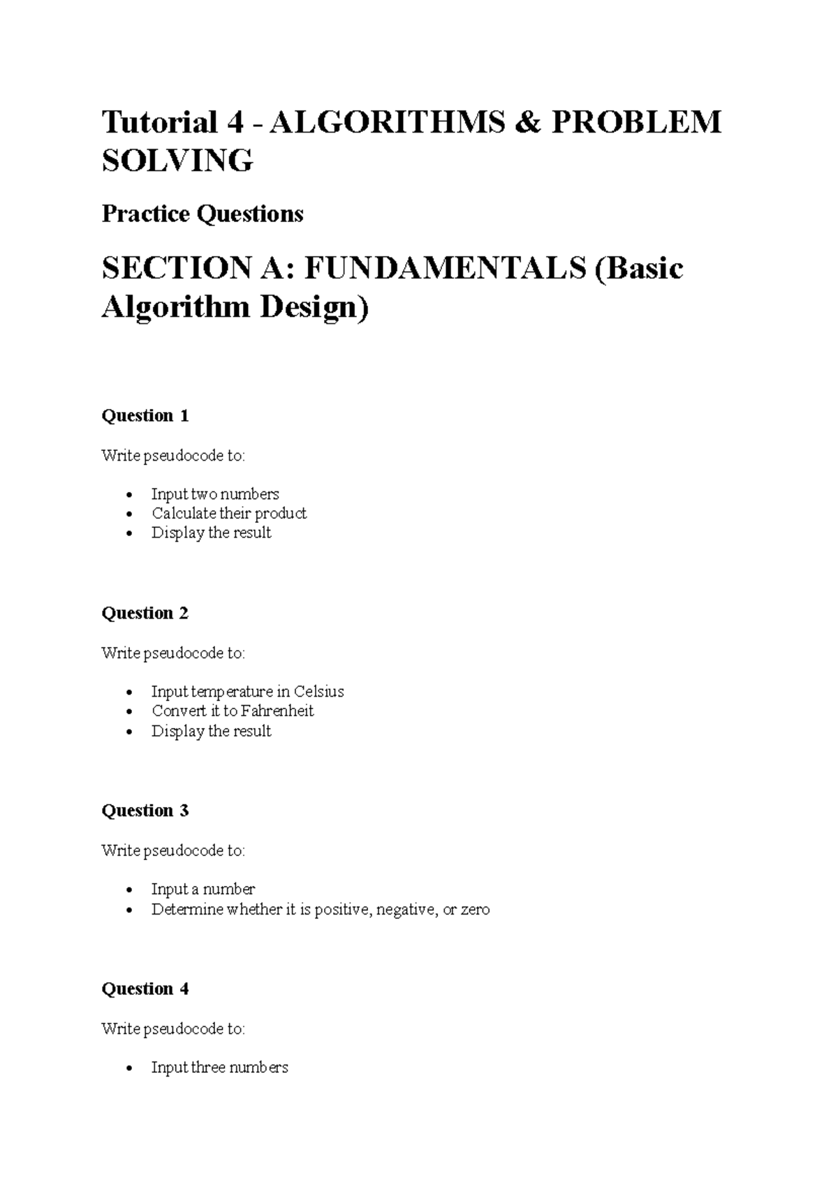 Tutorial 4: Algorithms Problem Solving Practice Questions - Studocu