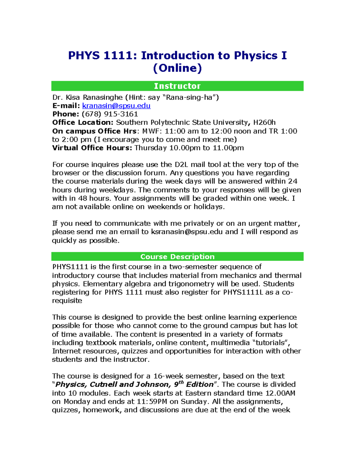 Syllabus for PHYS 1111: Introduction to Physics I (Online) Fall 2023 ...