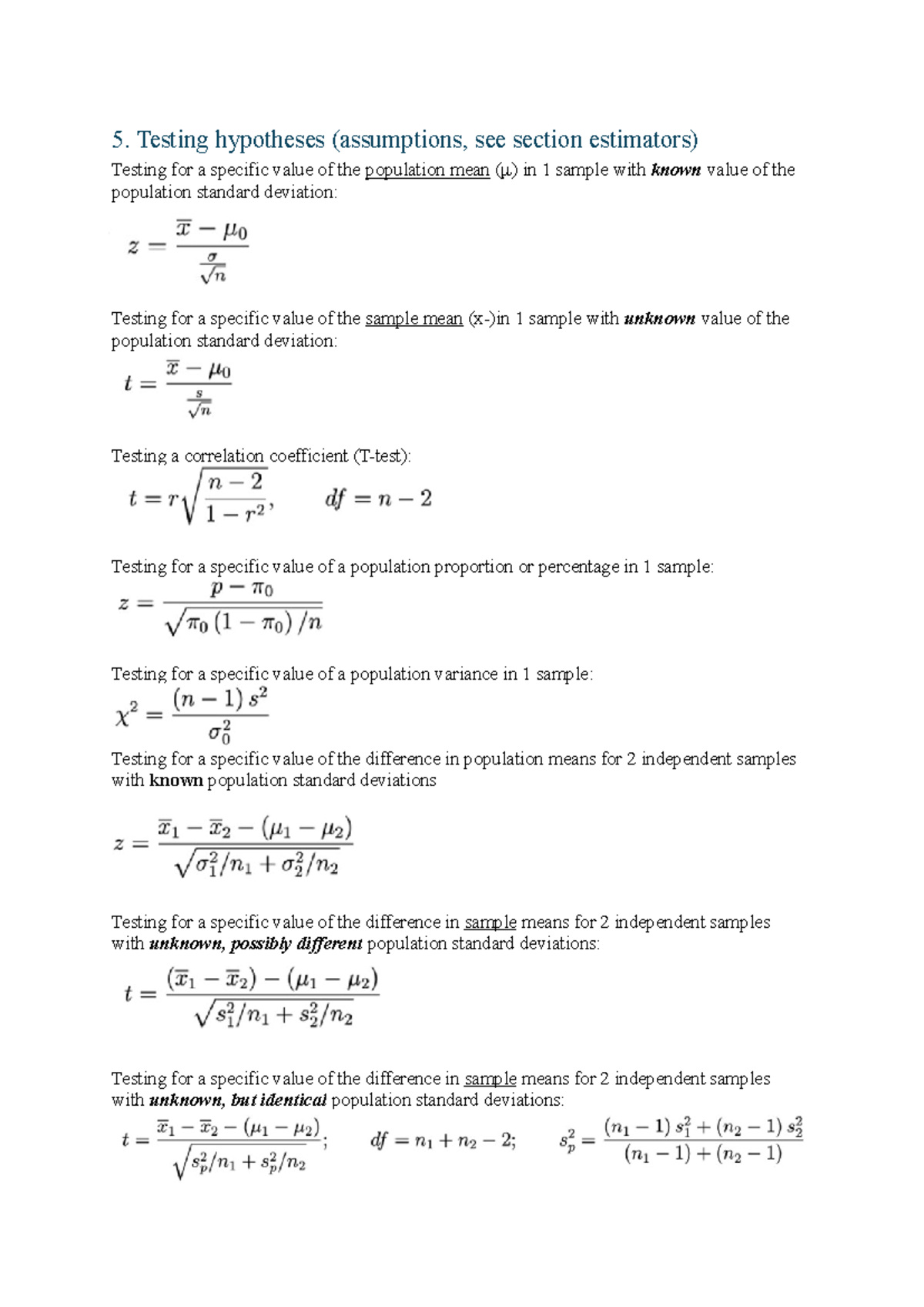 Hypothesis Testing Formulas Explained: Stats Course Notes - Studeersnel