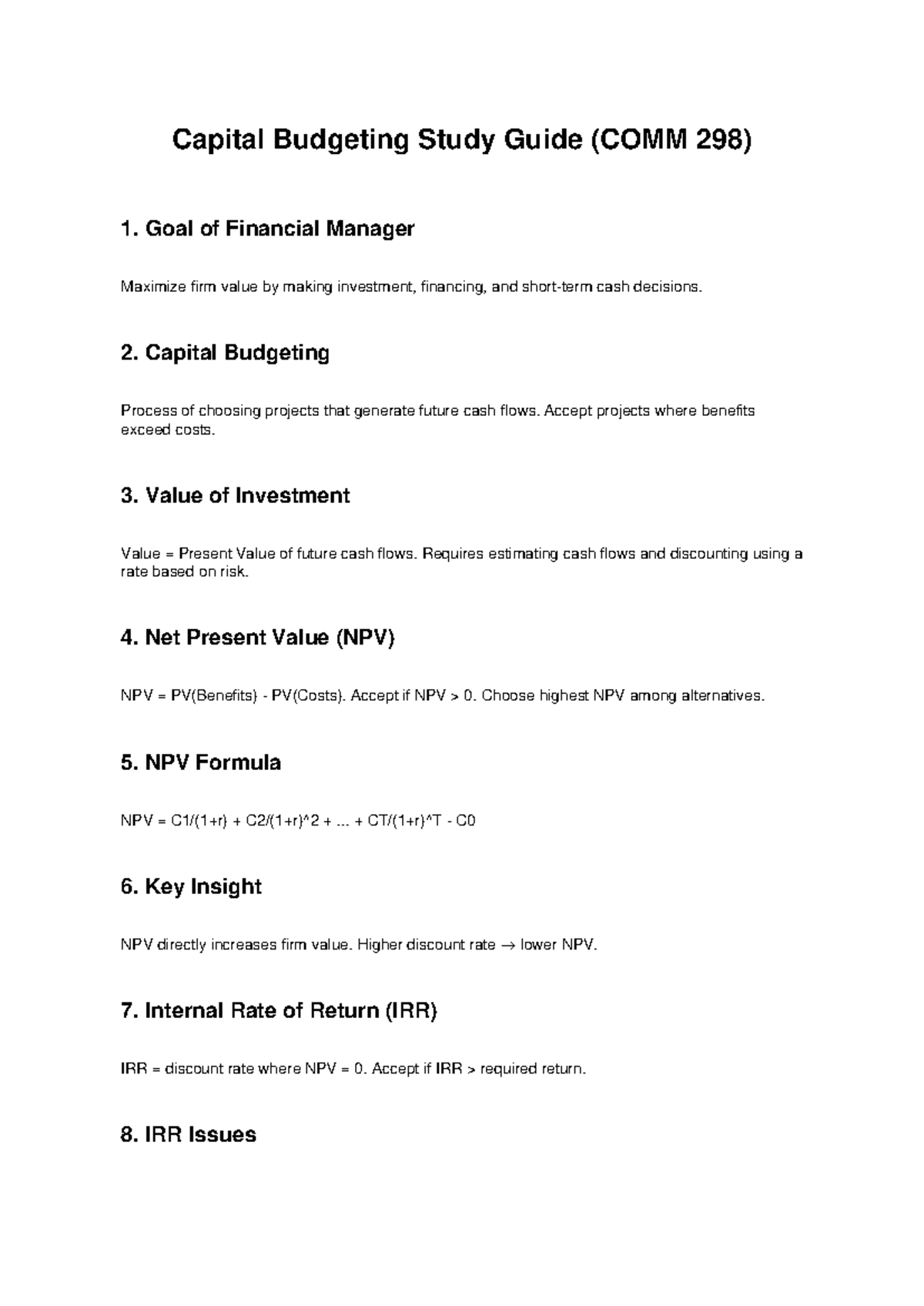Capital Budgeting Study Guide (COMM 298): Key Concepts & Insights - Studocu